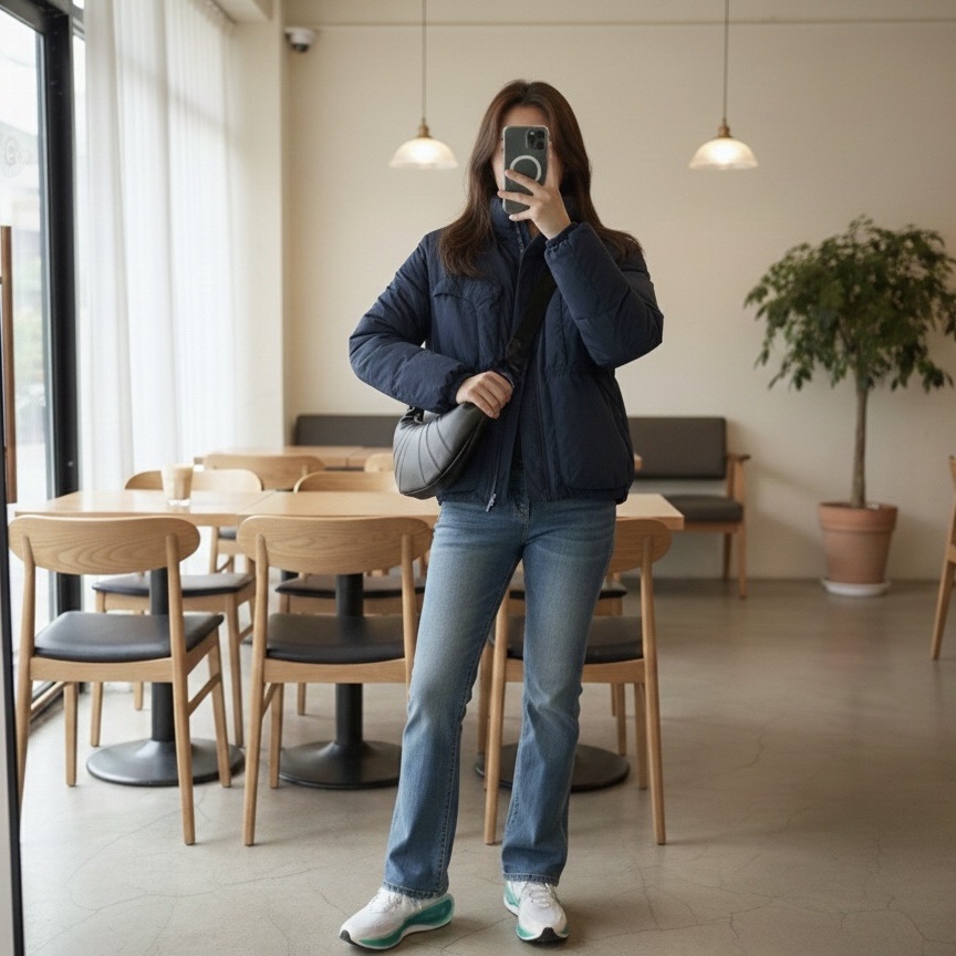 C.P. Company Flatt Nylon Down Jacket Peacoat Blue - 23FW, Lemaire Fortune Croissant Bag Soft Nappa Leather Black 착용 스타일