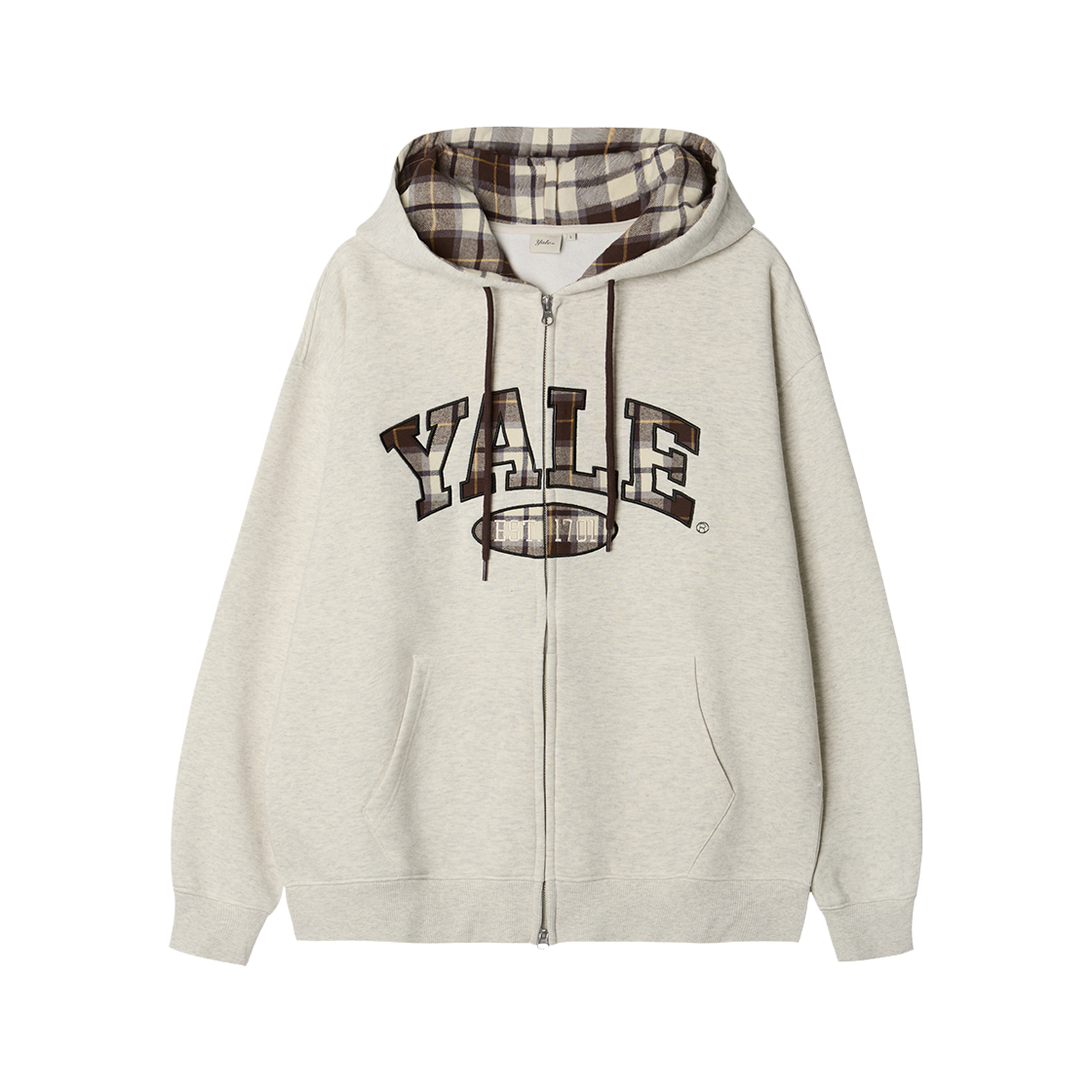 YGS1HZ309AOT Yale Check Two-Tone Arch Hoodie Zip-Up Oatmeal