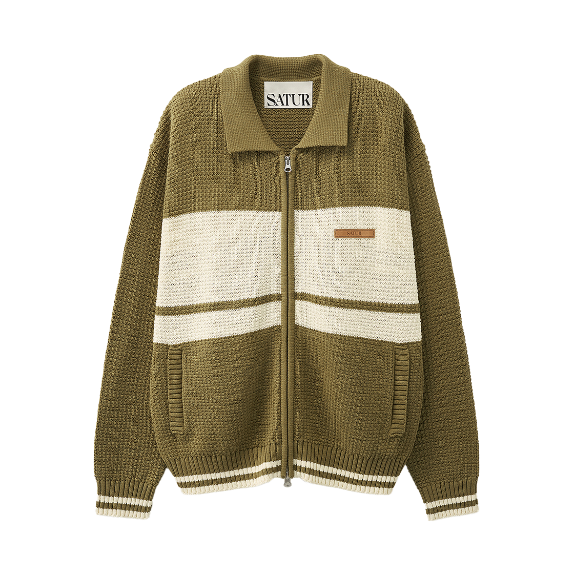 SA261UKC01OGN0 SATUR Color Block Knit Zip-up Olive Green