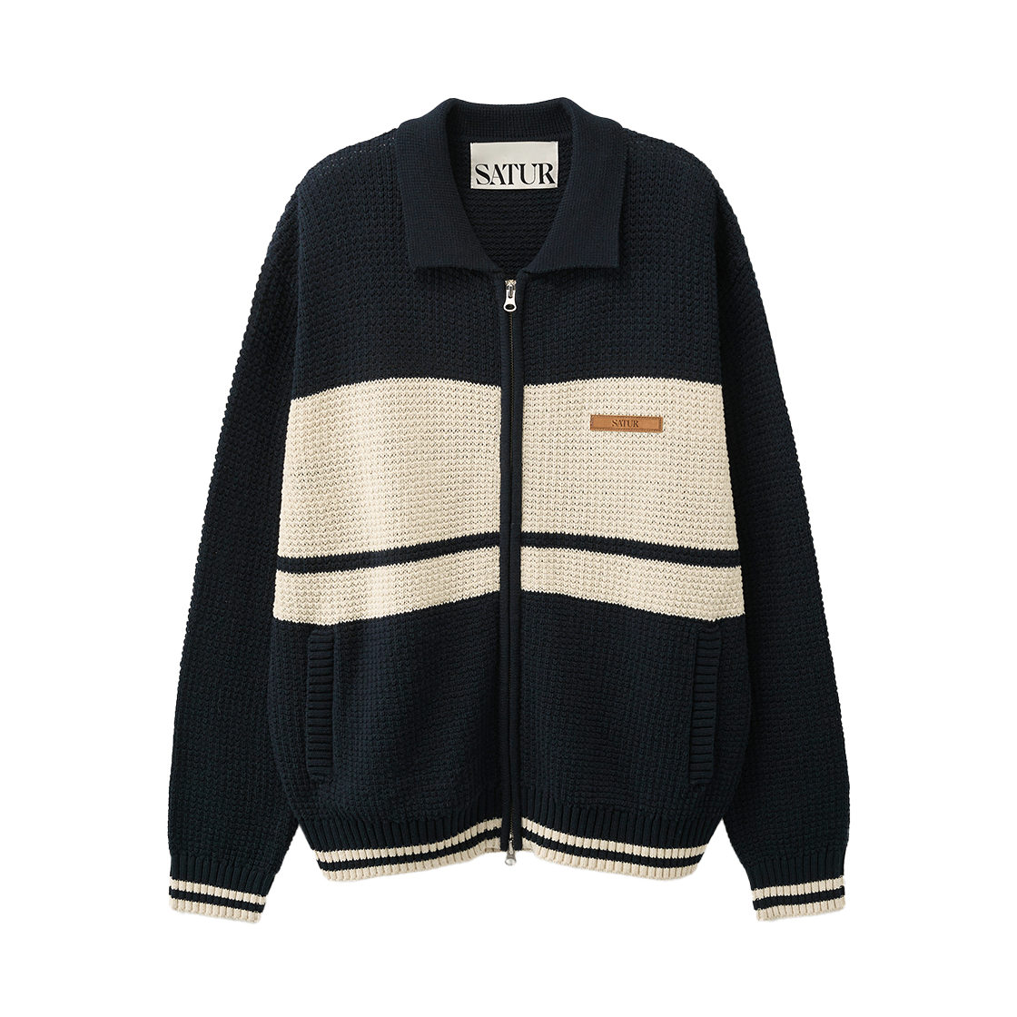 [사은품 증정] 세터 컬러 블록 니트 집업 네이비([사은품 증정] SATUR Color Block Knit Zip-up Navy)