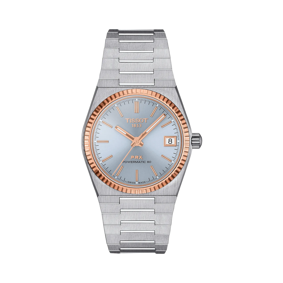 티쏘 PRX 파워매틱 80 35mm 스테인리스 스틸 아이스 블루 & 18K 로즈 골드 베젤(Tissot PRX Powermatic 80 35mm Stainless Steel Ice Blue & 18K Rose Gold Bezel) - 1