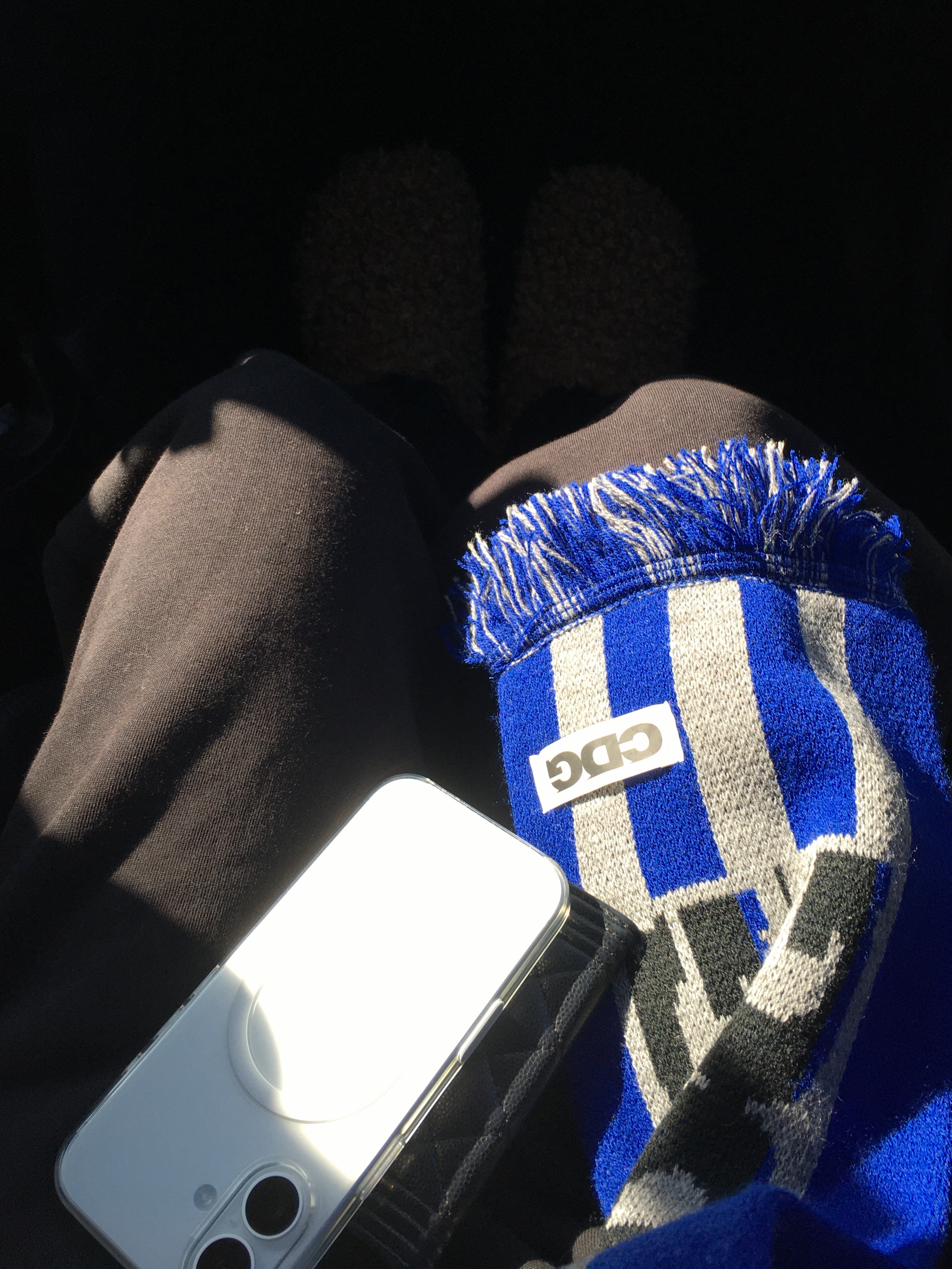 CDG Logo Check Muffler Blue 착용 스타일