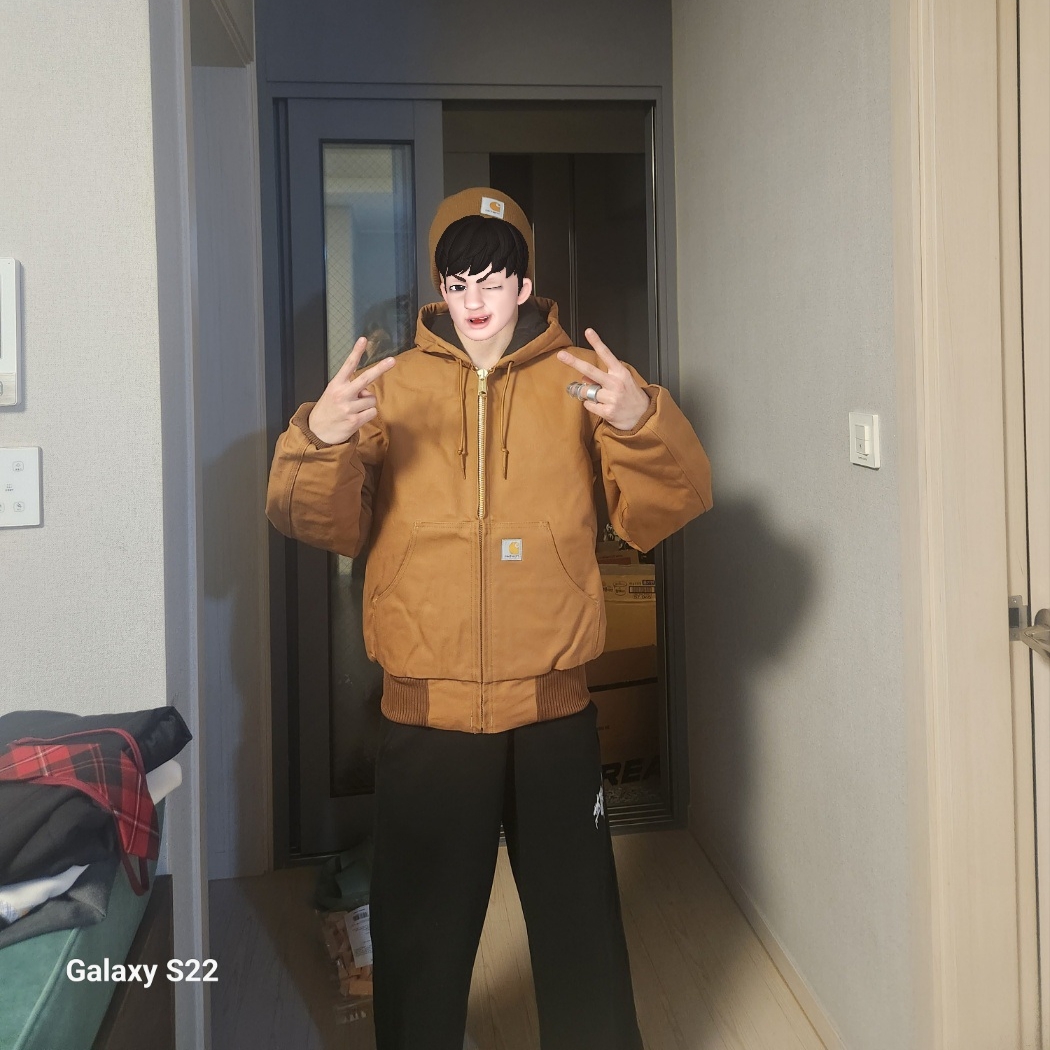 Carhartt Loose Fit Regular Firm Duck Flannel Lined Active Jacket Brown, Palace x Carhartt WIP Watch Hat Hamilton Brown - 23FW 착용 스타일