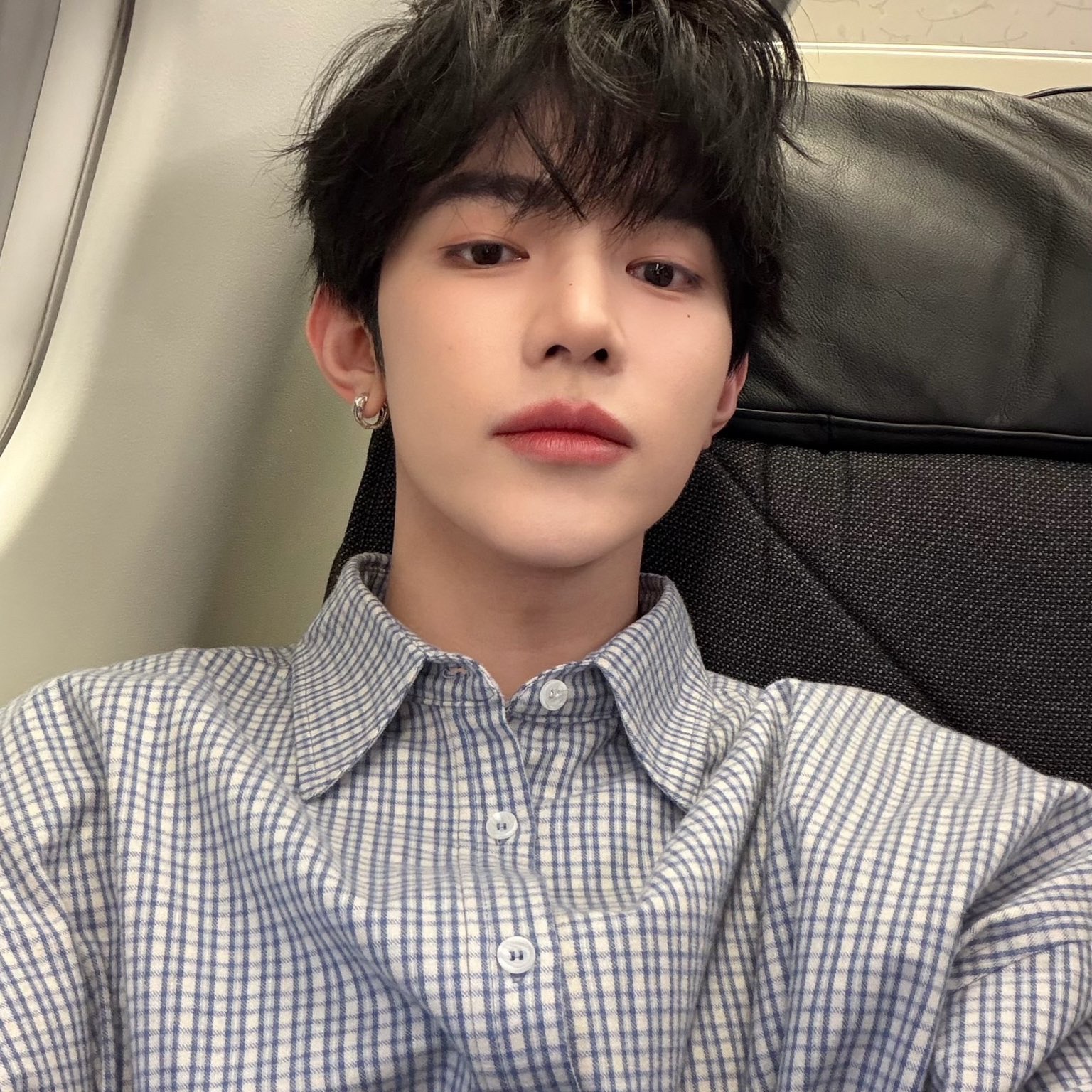 Nonnod Flexible String Check Shirt Sky Blue 착용 스타일 - 1