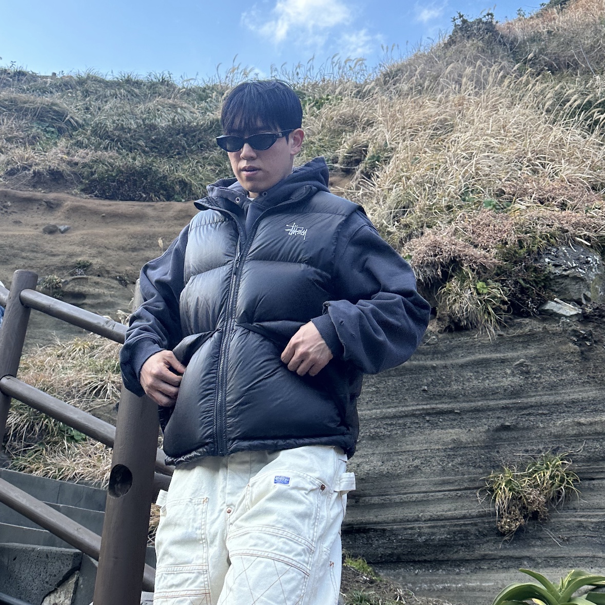 Kapital Thin Canvas Lumbar Pants Kinari, Stussy Micro Ripstop Down Vest Black 착용 스타일 - 2