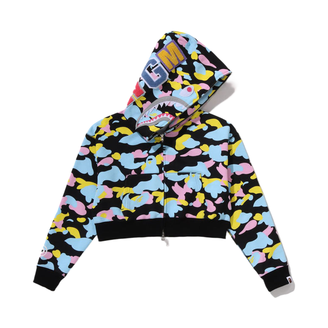 (W) 베이프 뉴 멀티 카모 샤크 크롭 풀 집 후드 블랙((W) BAPE New Multi Camo Shark Cropped Full Zip Hoodie Black) - 1