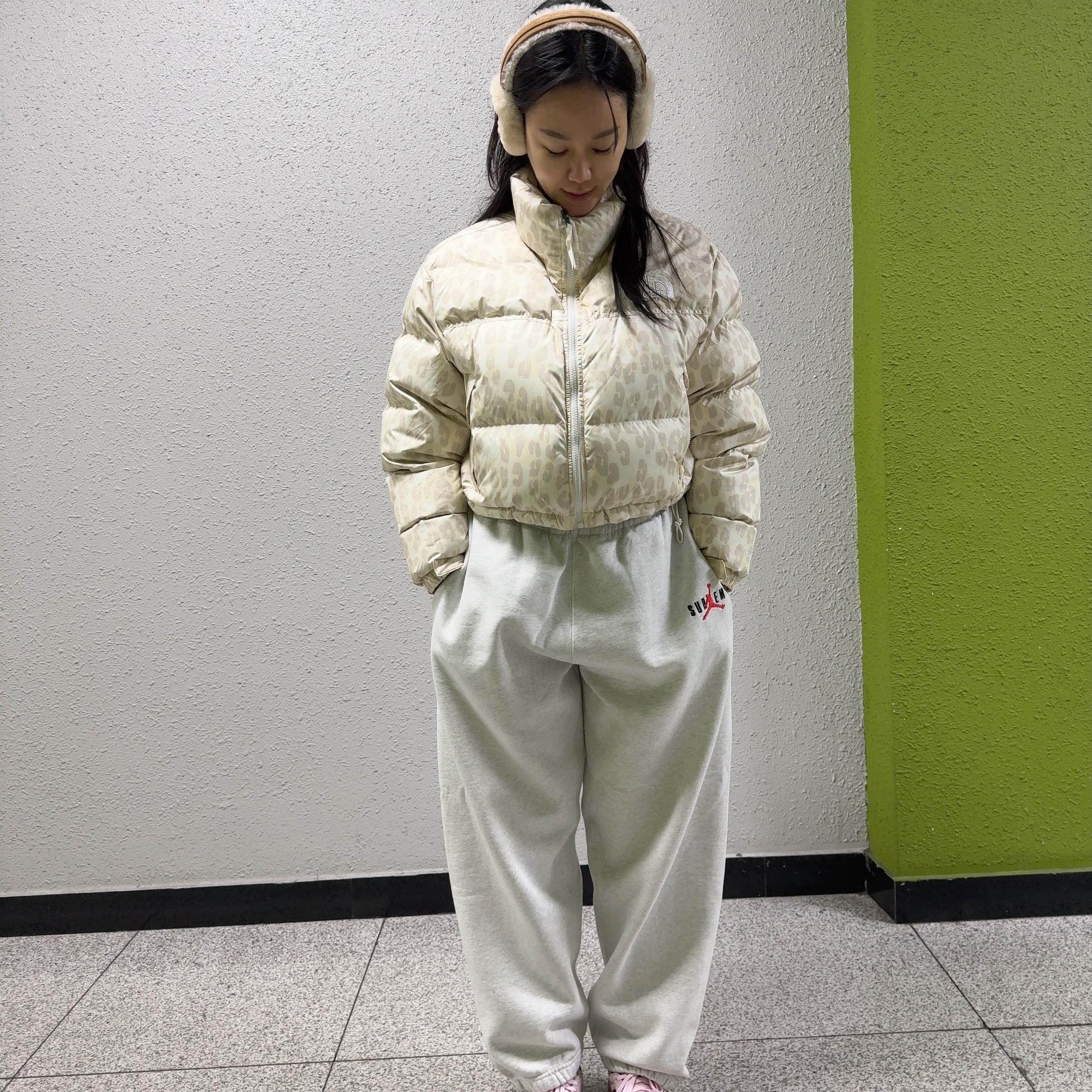 (W) The North Face Print Nuptse Short Jacket Silver Grey Leopard Print, Supreme x Jordan Sweatpants Ash Grey - 24FW 착용 스타일