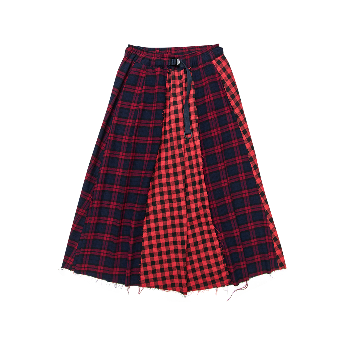 G73301_RD GORT Check Patchwork Buckle Circle Skirt Red