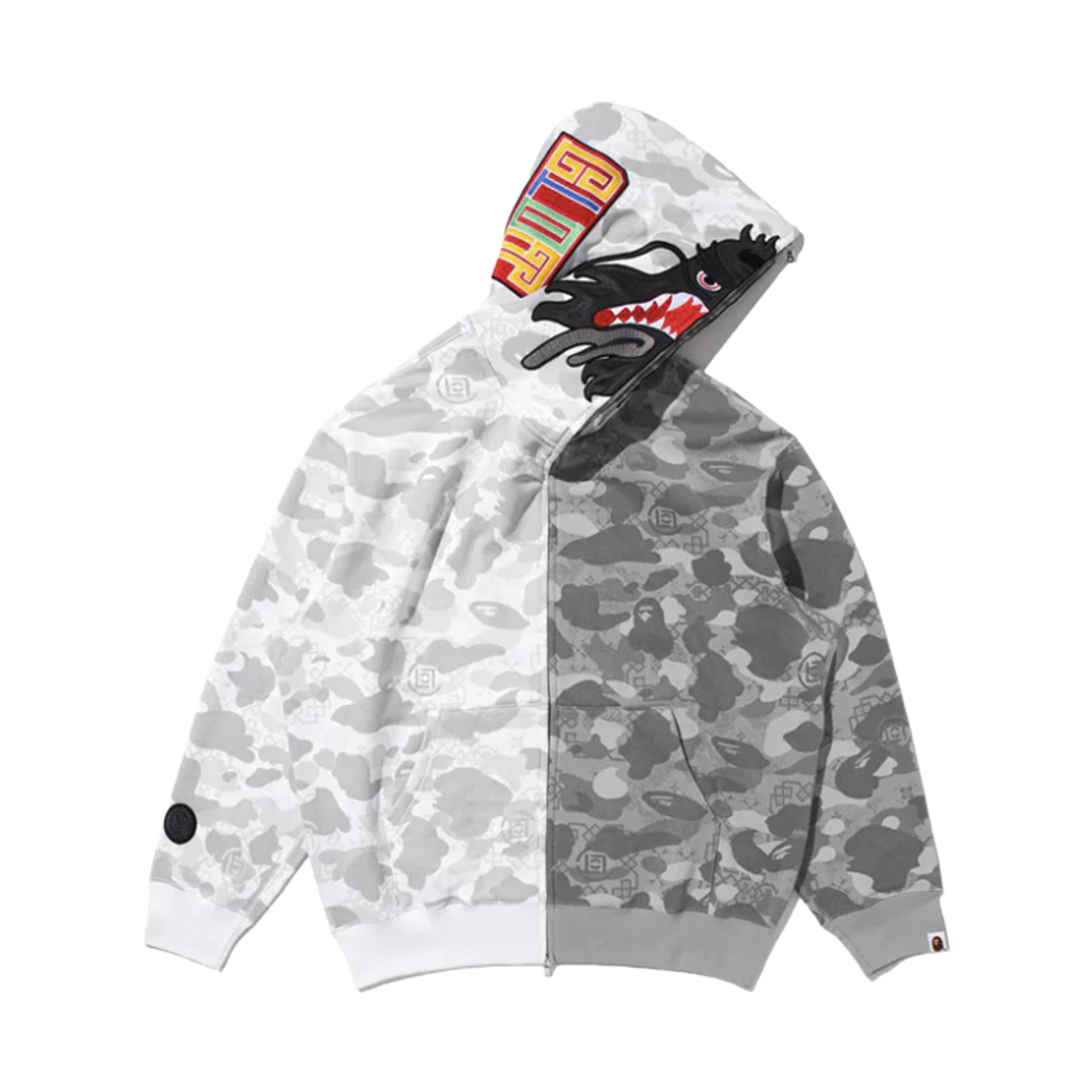 - BAPE x Clot Camo Split Relaxed Fit Shark Full Zip Hoodie Gray