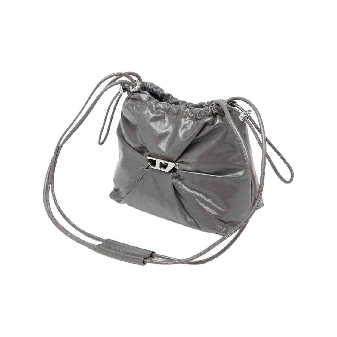 X10325P1003-T8080 Diesel Scrunch-D-Bucket Bag In Shiny Wrinkled Leather Grey
