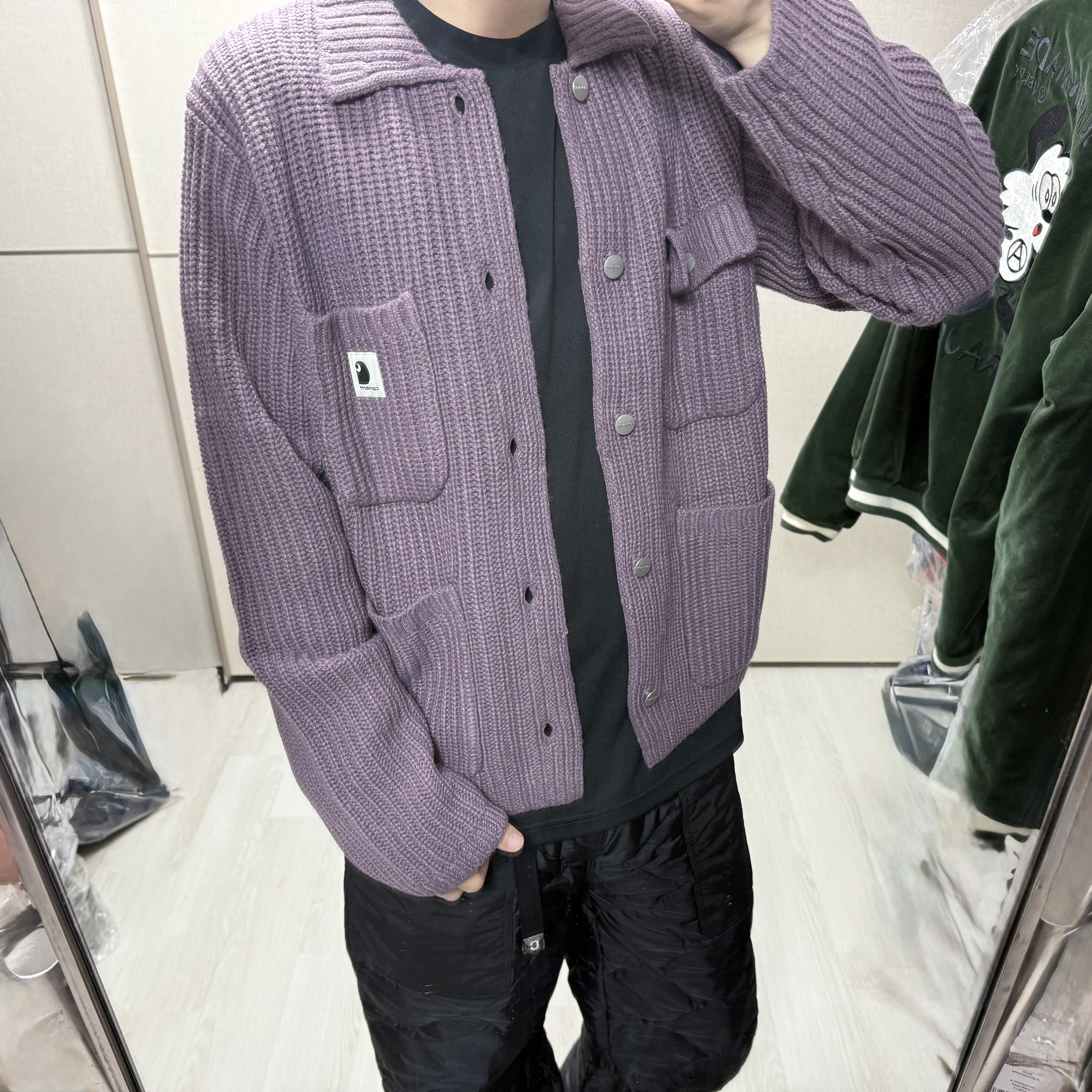 (W) Carhartt WIP Michigan Sweater Phlox, Sacai x Carhartt WIP Knit Jacket Michigan Light Blue 착용 스타일 - 2
