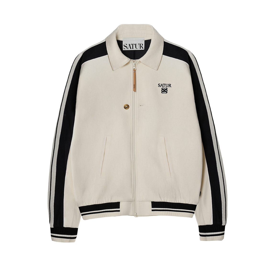 세터 로턴 라이닝 칼라 트랙 집업 자켓 크림 블랙(SATUR Lawton Lining Collar Track Zip-up Jacket Cream Black)