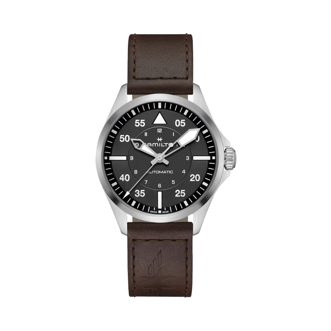 해밀턴 카키 에비에이션 파일럿 오토 39mm 스테인리스 스틸 카우 레더 다크 브라운 블랙(Hamilton Khaki Aviation Pilot Auto 39mm Stainless Steel Cow Leather Dark Brown Black) - 1