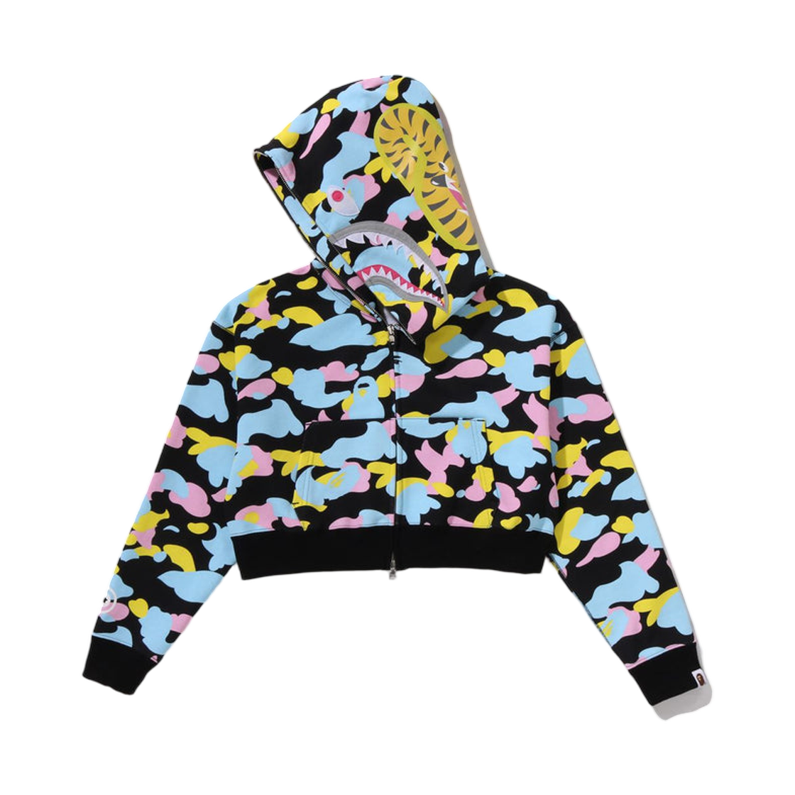 (W) 베이프 뉴 멀티 카모 샤크 크롭 풀 집 후드 블랙((W) BAPE New Multi Camo Shark Cropped Full Zip Hoodie Black) - 2
