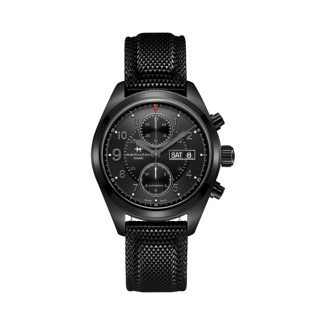 해밀턴 카키 필드 오토 크로노 42mm 스테인리스 텍스타일 스트랩 블랙(Hamilton Khaki Field Auto Chrono 42mm Stainless Steel Textile Strap Black) - 1
