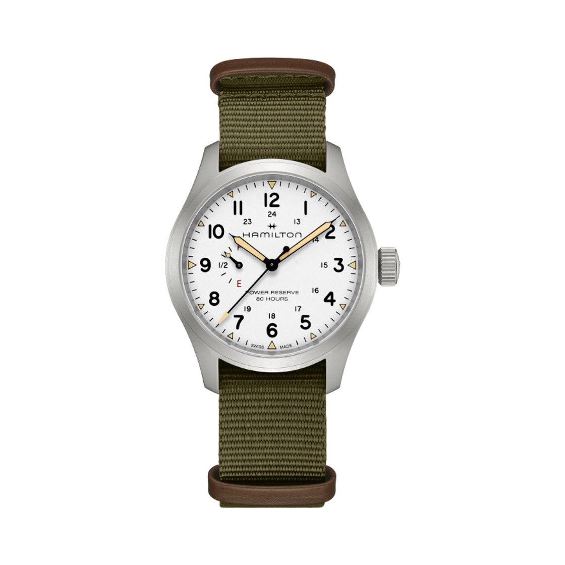 H69509910 Hamilton Khaki Field Mechanical Power Reserve 40mm Stainless Steel Nato Strap Khaki Green White
