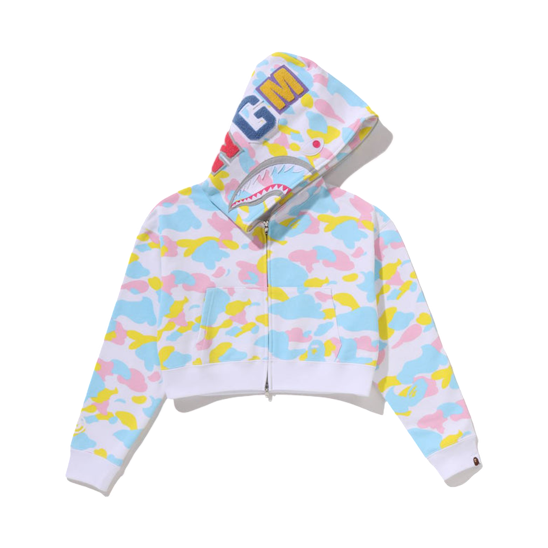 (W) 베이프 뉴 멀티 카모 샤크 크롭 풀 집 후드 화이트((W) BAPE New Multi Camo Shark Cropped Full Zip Hoodie White)