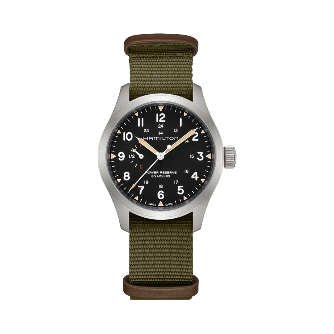 해밀턴 카키 필드 매커니컬 파워 리저브 40mm 스테인리스 스틸 나토 스트랩 카키 그린 블랙(Hamilton Khaki Field Mechanical Power Reserve 40mm Stainless Steel Nato Strap Khaki Green Black)