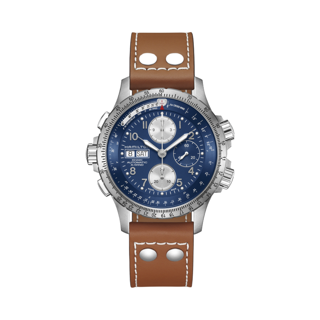 해밀턴 카키 에비에이션 엑스윈드 오토 크로노 44mm 스테인리스 스틸 카우 레더 블루 브라운(Hamilton Khaki Aviation X-Wind Auto Chrono 44mm Stainless Steel Cow Leather Blue Brown) - 1
