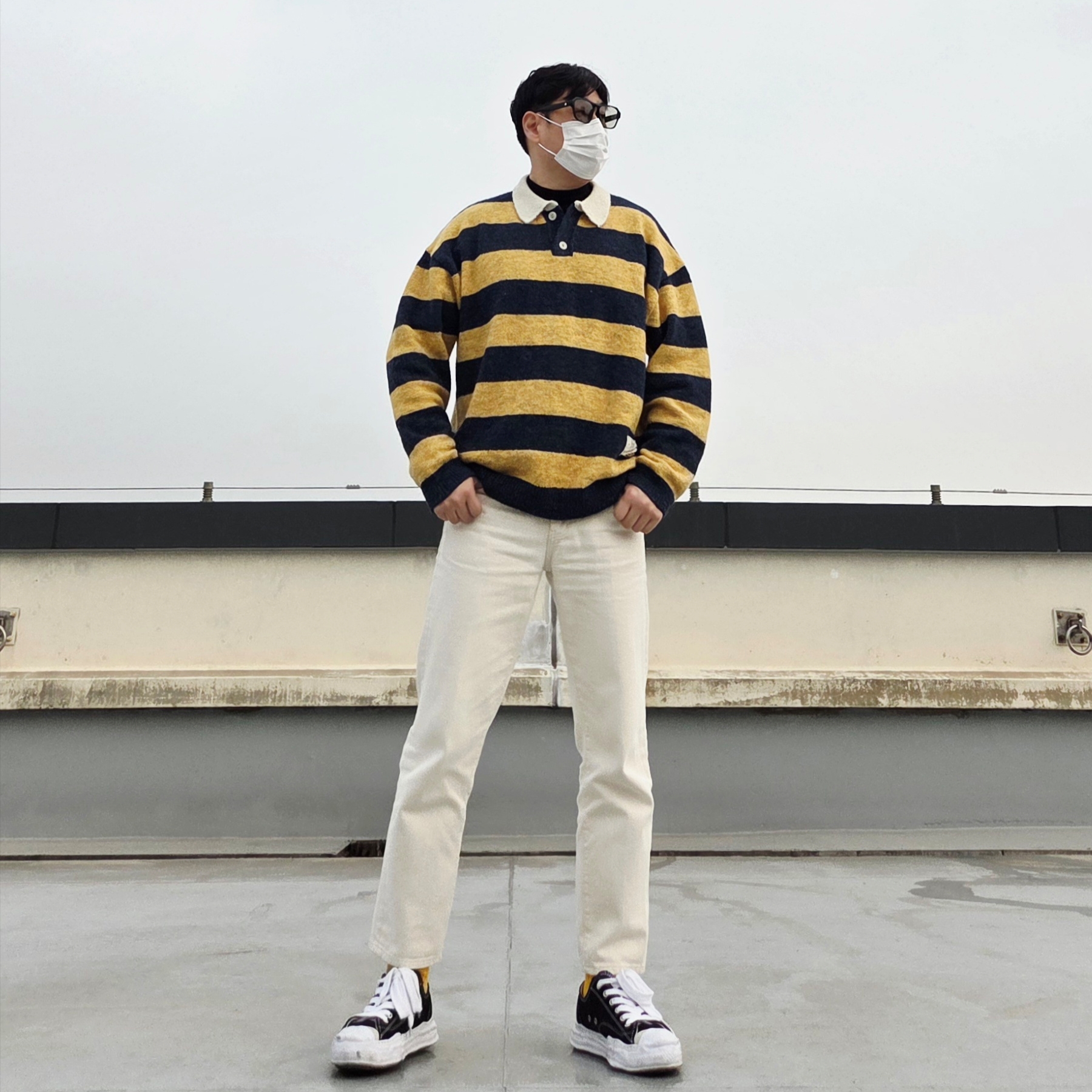 Maison Mihara Yasuhiro Hank OG Sole Canvas Low-top Sneakers Black, Acne Studios Canada Narrow New Wool Muffler Light Grey Melange 착용 스타일 - 4
