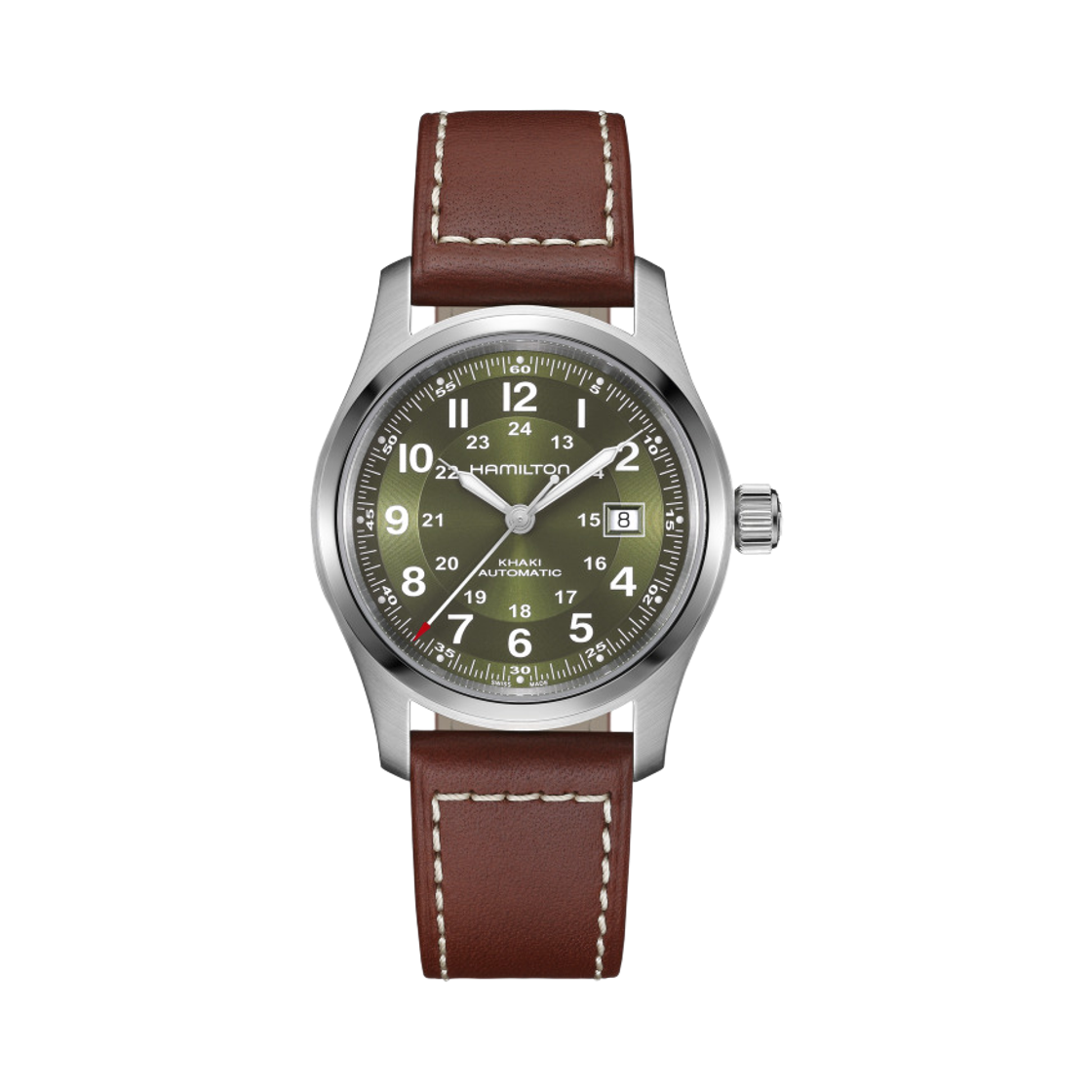 해밀턴 카키 필드 오토 42mm 스테인리스 스틸 카우 레더 브라운 카키 그린(Hamilton Khaki Field Auto 42mm Stainless Steel Cow Leather Brown Khaki Green) - 1