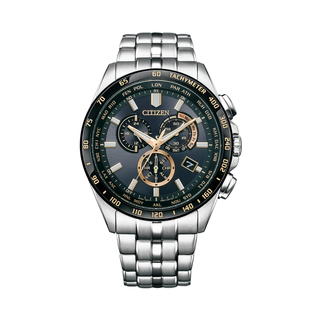 시티즌 에코드라이브 글로벌 라디오 컨트롤 44.7mm 스테인리스 스틸 IP 블랙 실버(Citizen Eco-Drive Global Radio Controlled 44.7mm Stainless Steel IP Black Silver) - 1