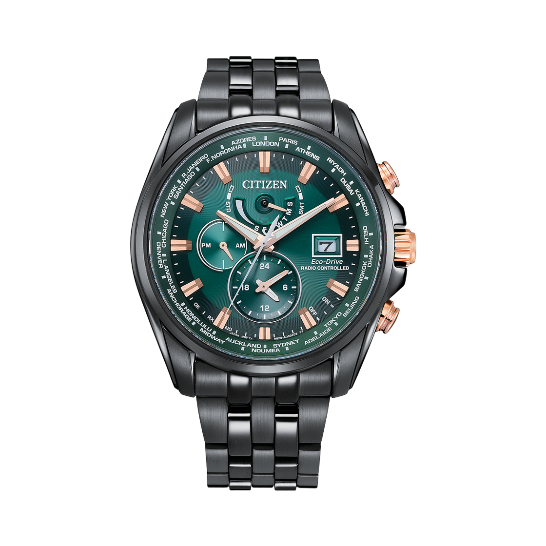 시티즌 글로벌 라디오 컨트롤 에코드라이브 44.3mm 스테인리스 스틸 블랙 그린(Citizen Global Radio Controlled Eco-Drive 44.3mm Stainless Steel Black Green) - 1