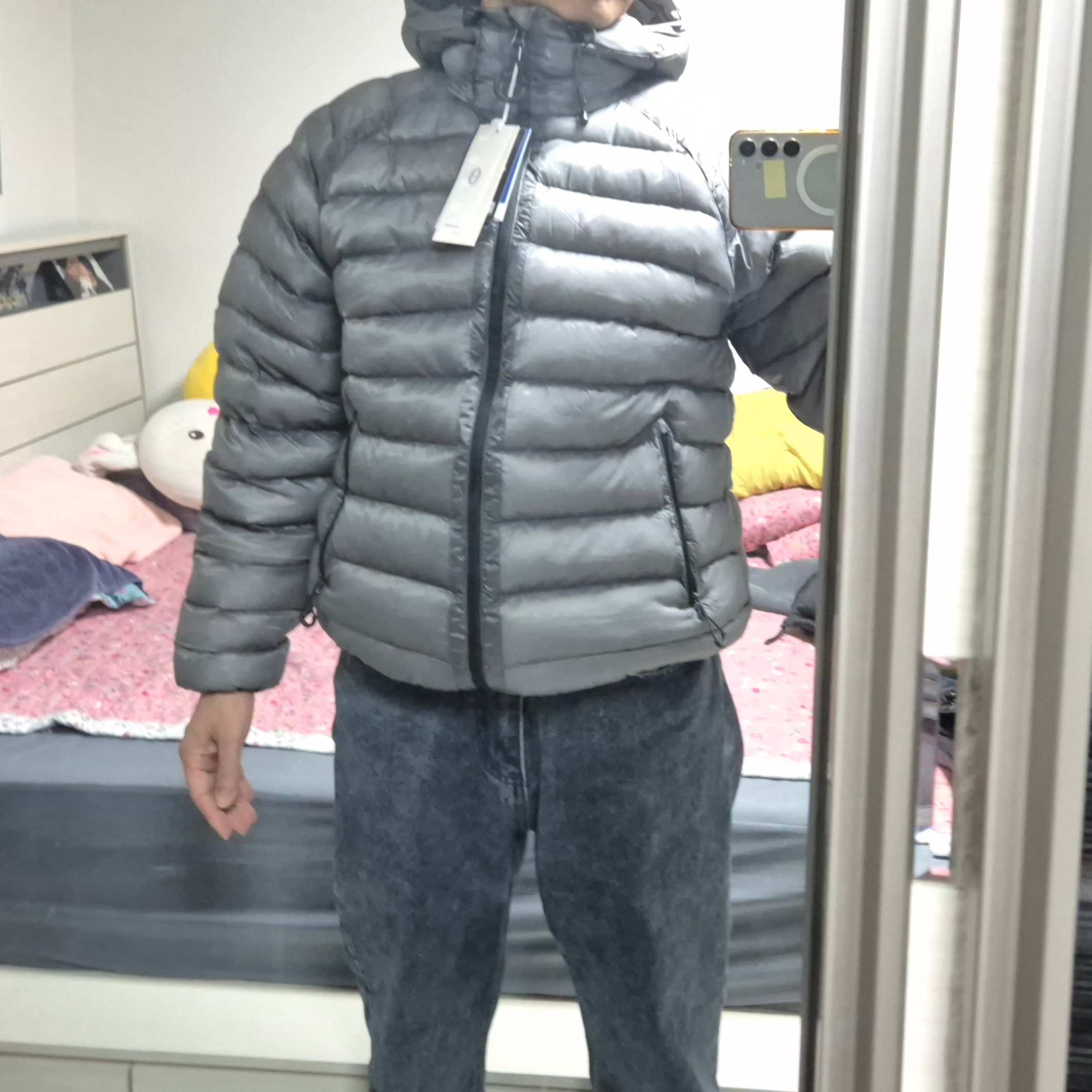 Suare women light seashell padded jumper gray 착용 스타일
