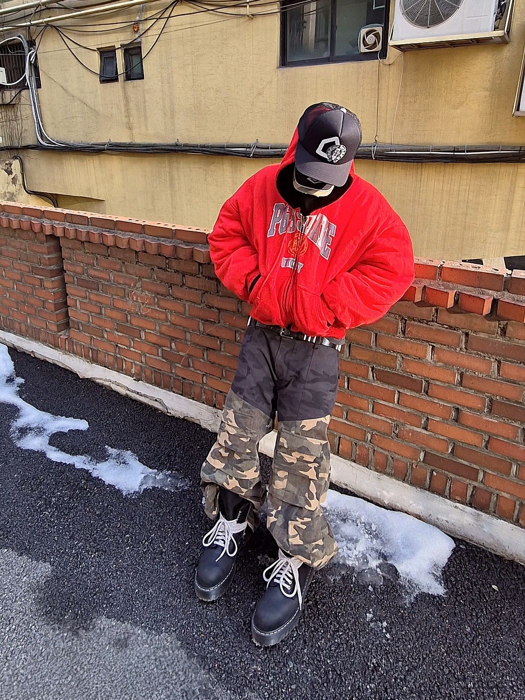 Dr. Martens x Rick Owens Quad Sole Steel Toe Boots Black, Project G/R Reversible Hoodie MA-1 Jacket Black Red 착용 스타일