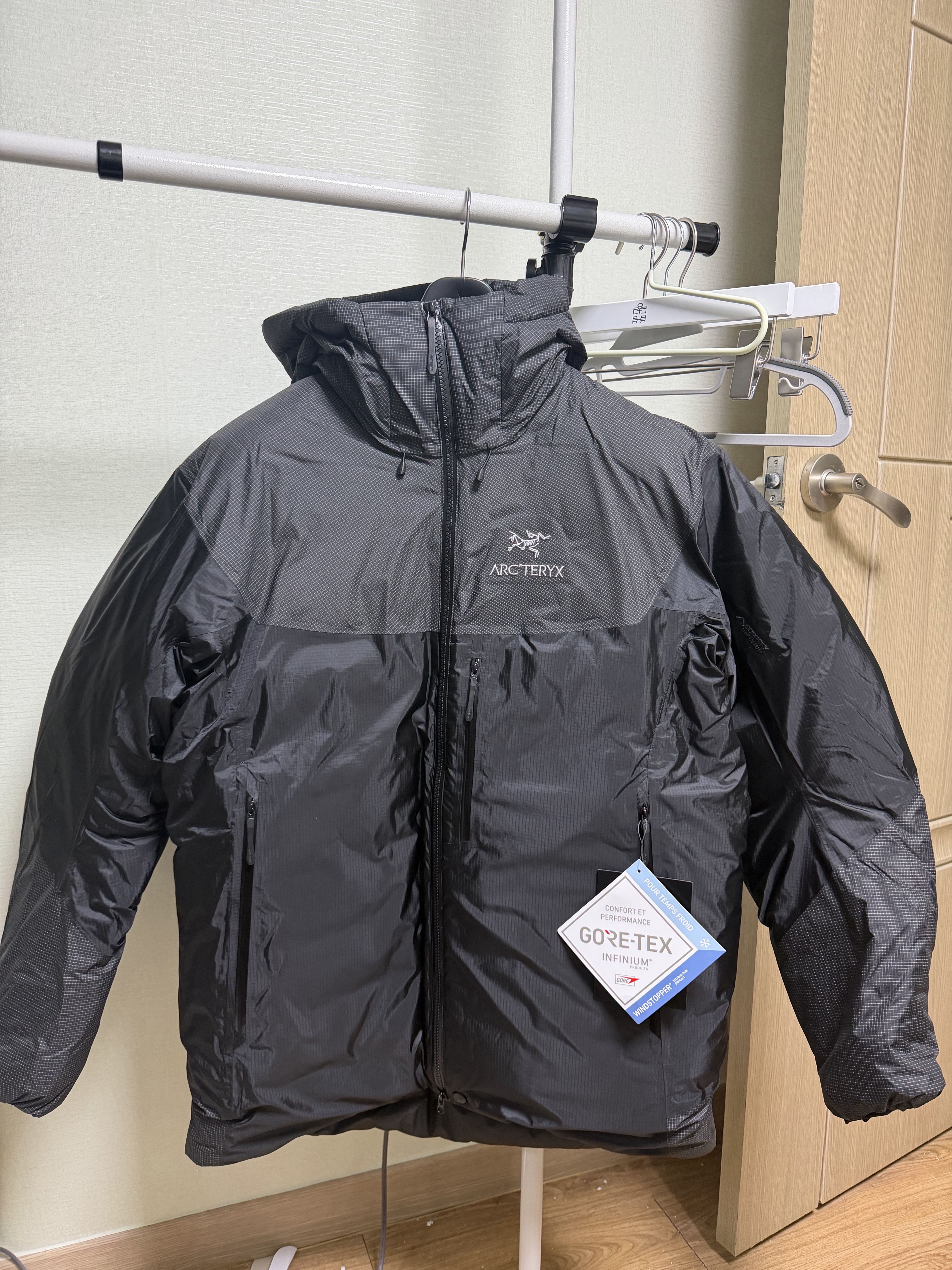 Arc'teryx Alpha Parka Black, Needles x LHP H.D. Track Pants Grey 착용 스타일 - 3