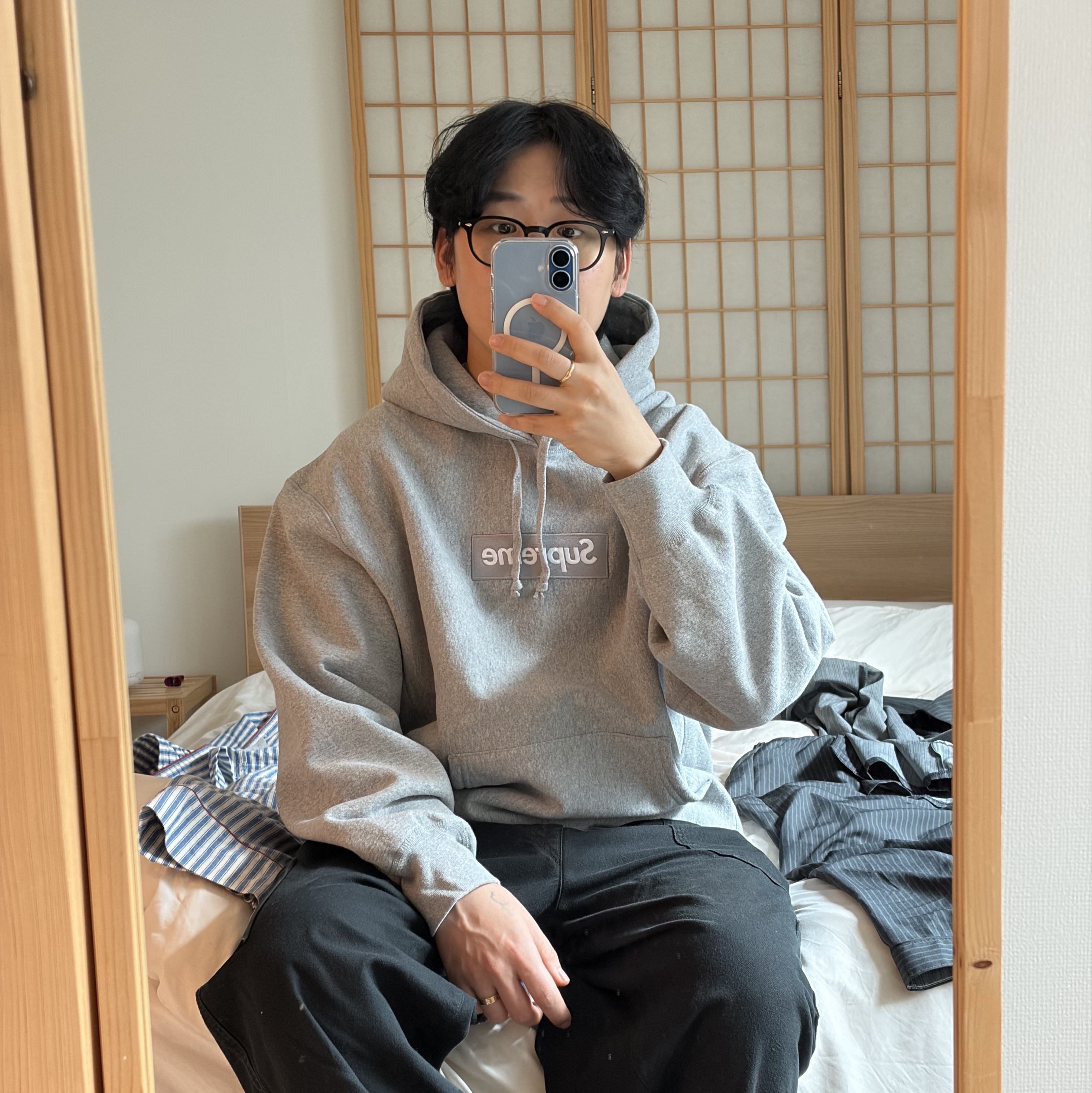 Supreme Box Logo Hooded Sweatshirt Heather Grey - 24FW 착용 스타일