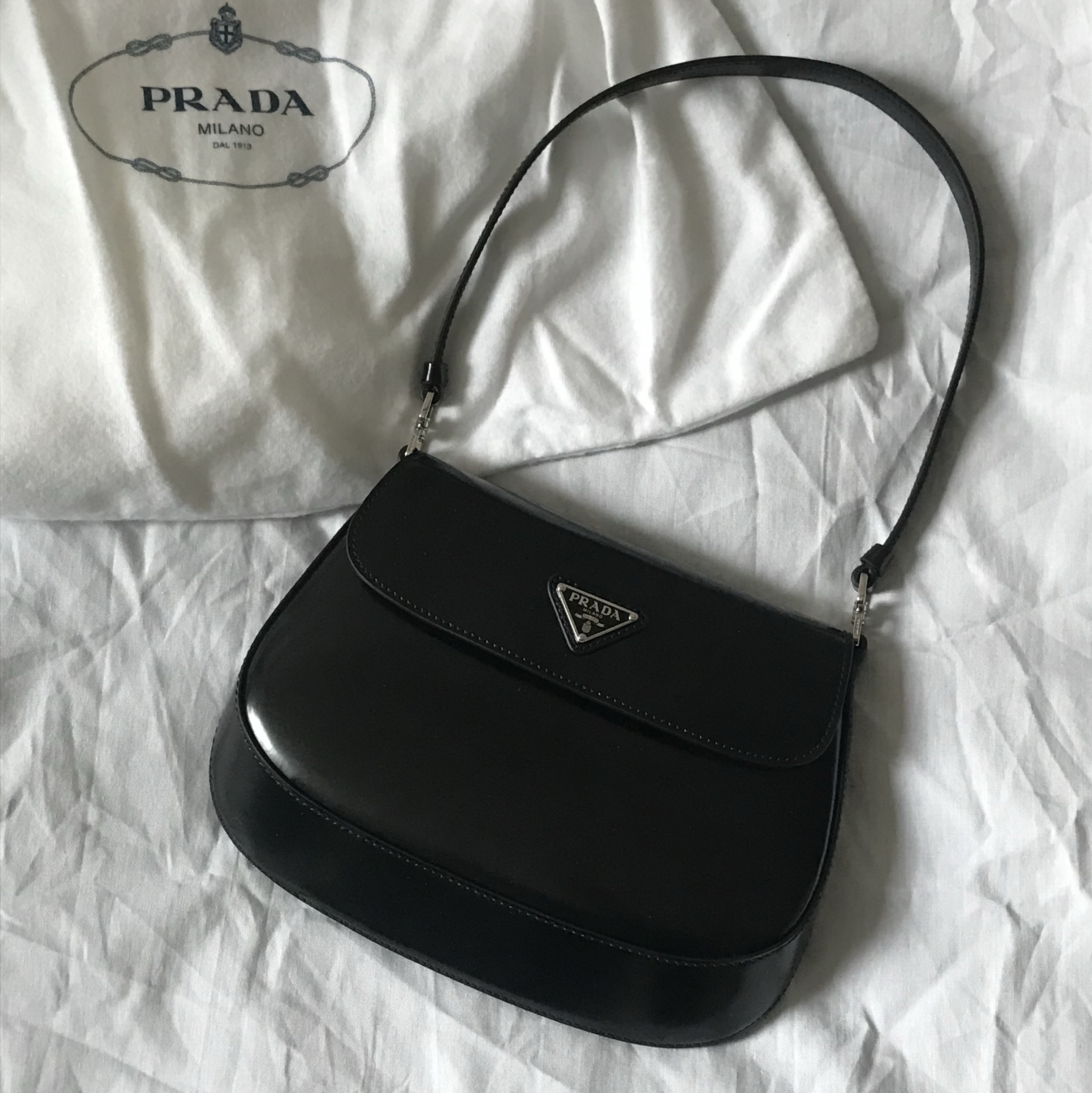 Prada Cleo Brushed Leather Shoulder Bag with Flap Black 착용 스타일 - 1