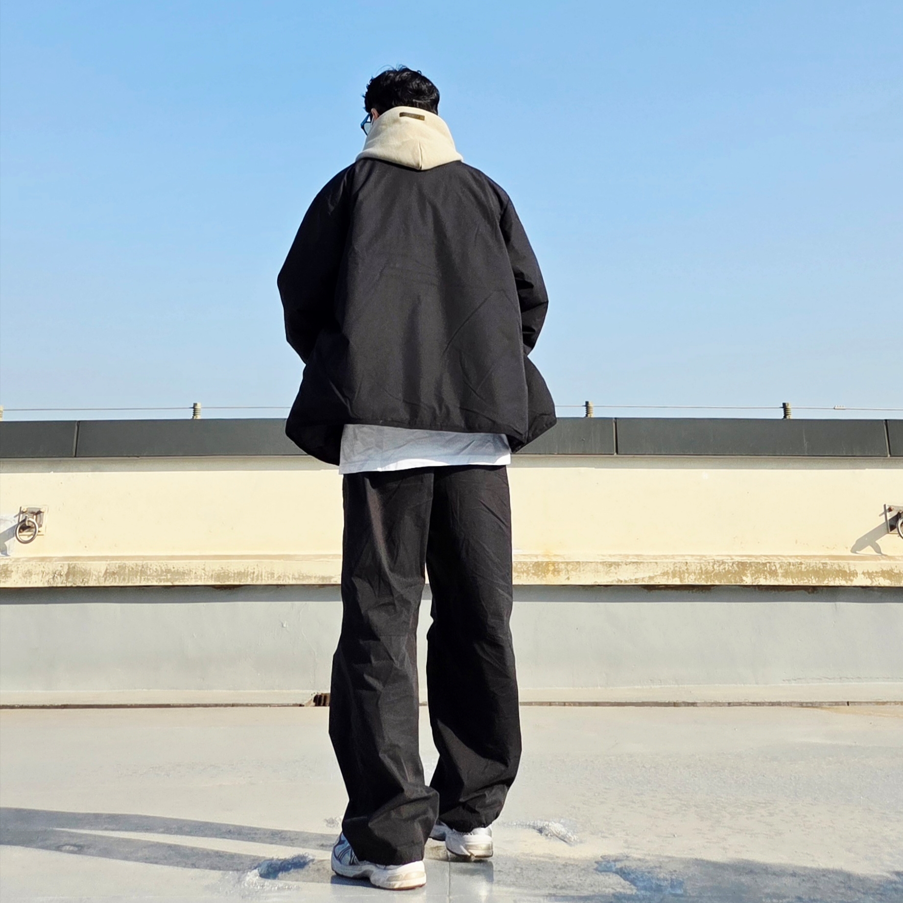 Asics Gel-1130 White Black, Nanamica Reversible Down Cardigan Black 착용 스타일 - 6