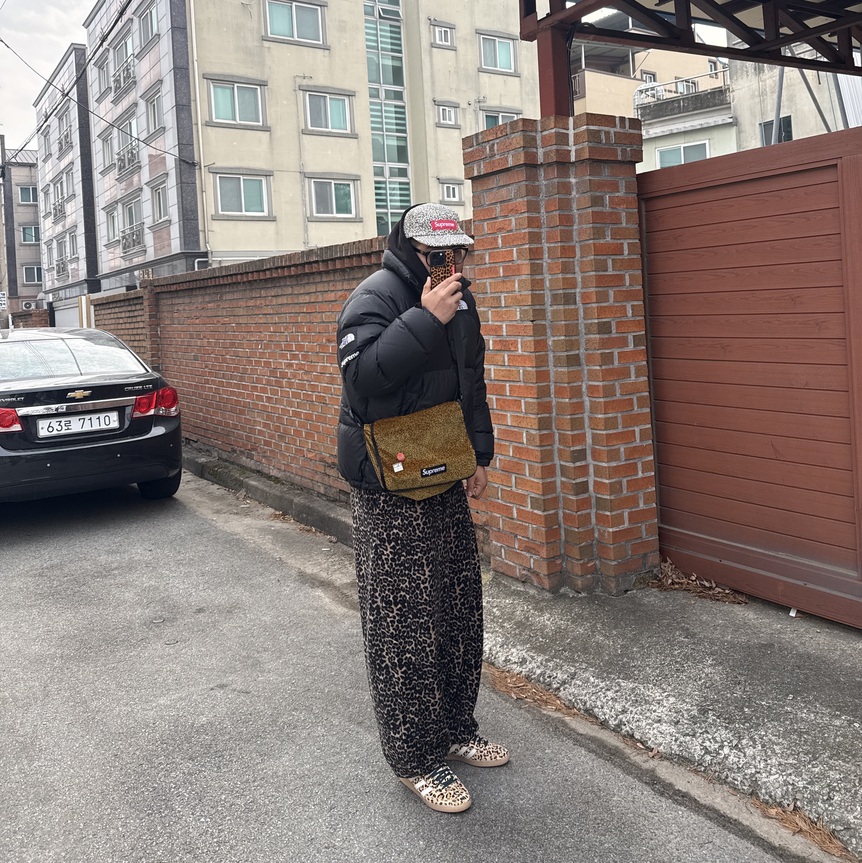 Supreme Velvet Small Messenger Bag Tan Leopard - 25FW, Supreme x The North Face Nuptse Jacket Black - 24FW 착용 스타일