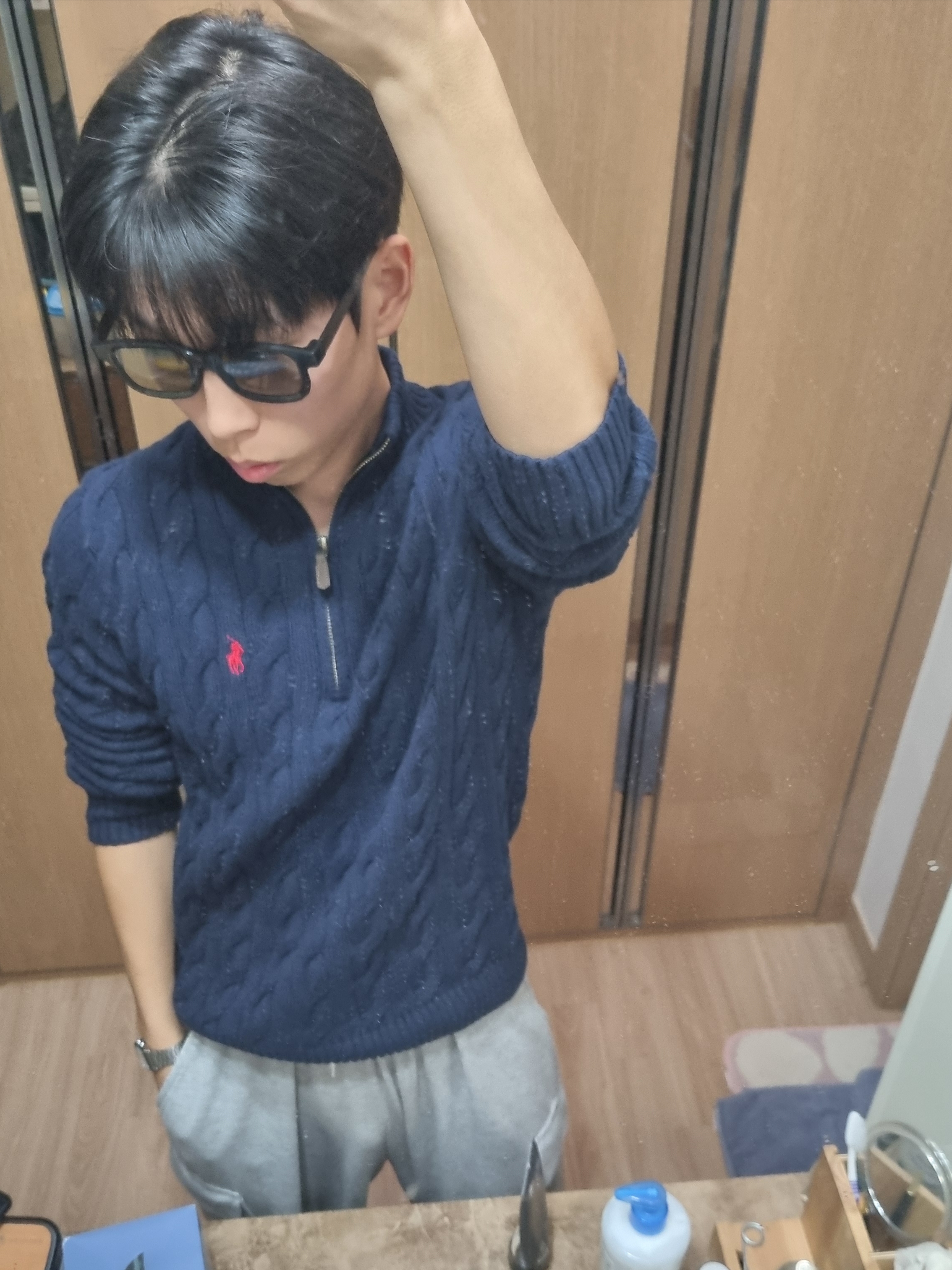 [10%적립] Polo Ralph Lauren Cable Knit Cotton Quarter Zip Sweater Hunter Navy - 26SS 착용 스타일 - 2