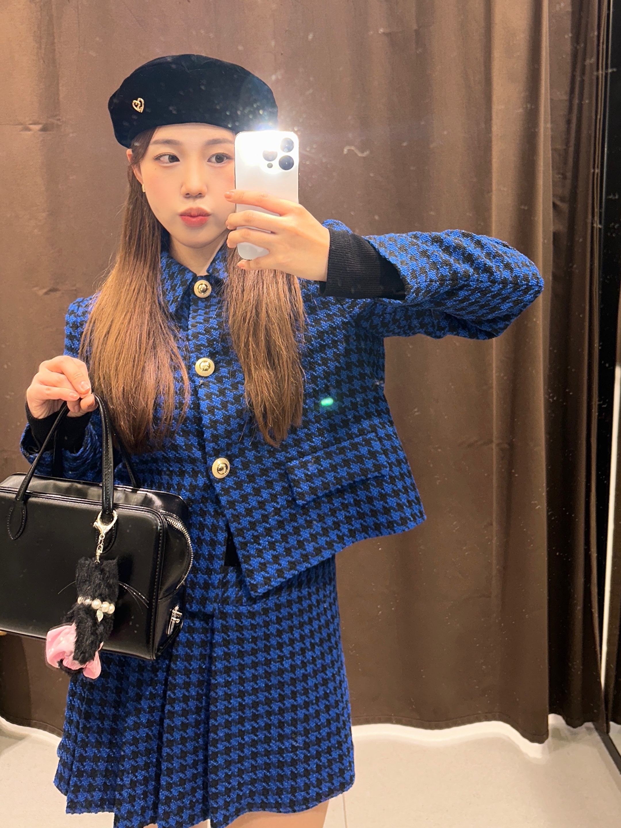 (W) Zara Houndstooth Structure Blazer Blue Black, Tout Y Est Sac Loquet Small Bag Black 착용 스타일