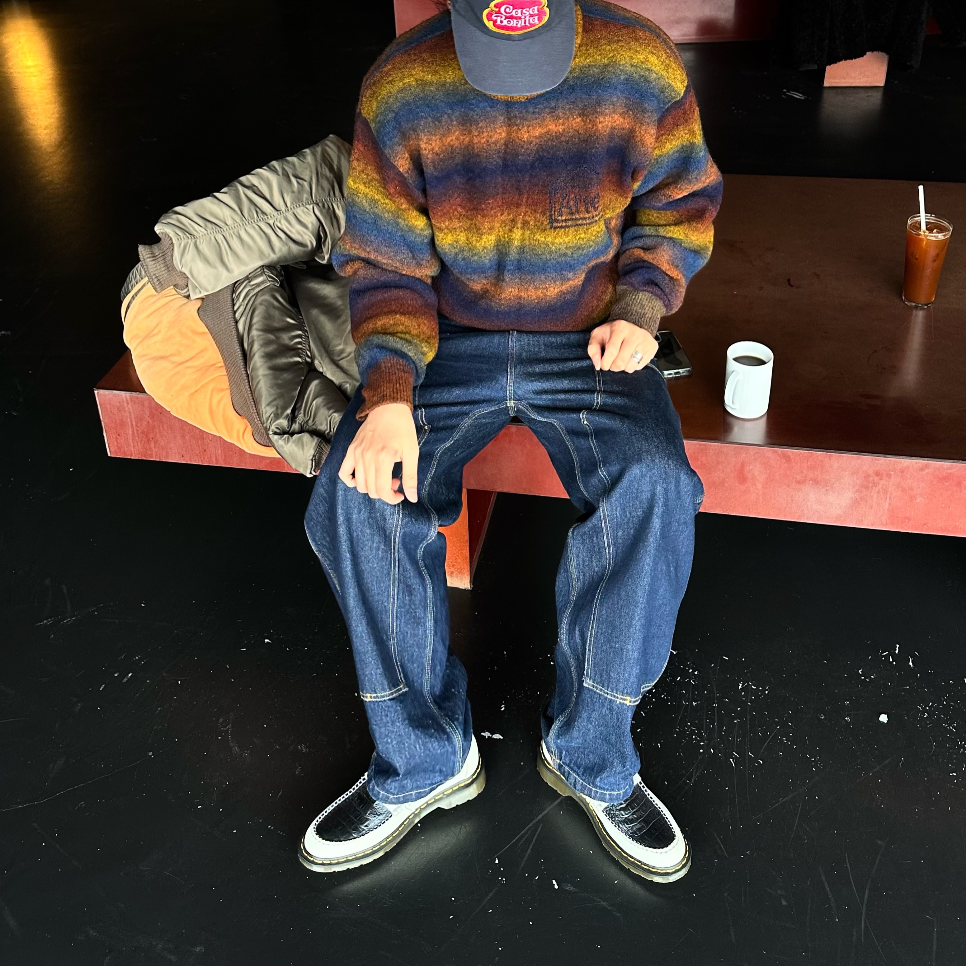 Carhartt WIP Nash Loose Fit Double Knee Pants Blue Rinsed, Aries Boucle Space Dye Knit Multi - 24FW 착용 스타일