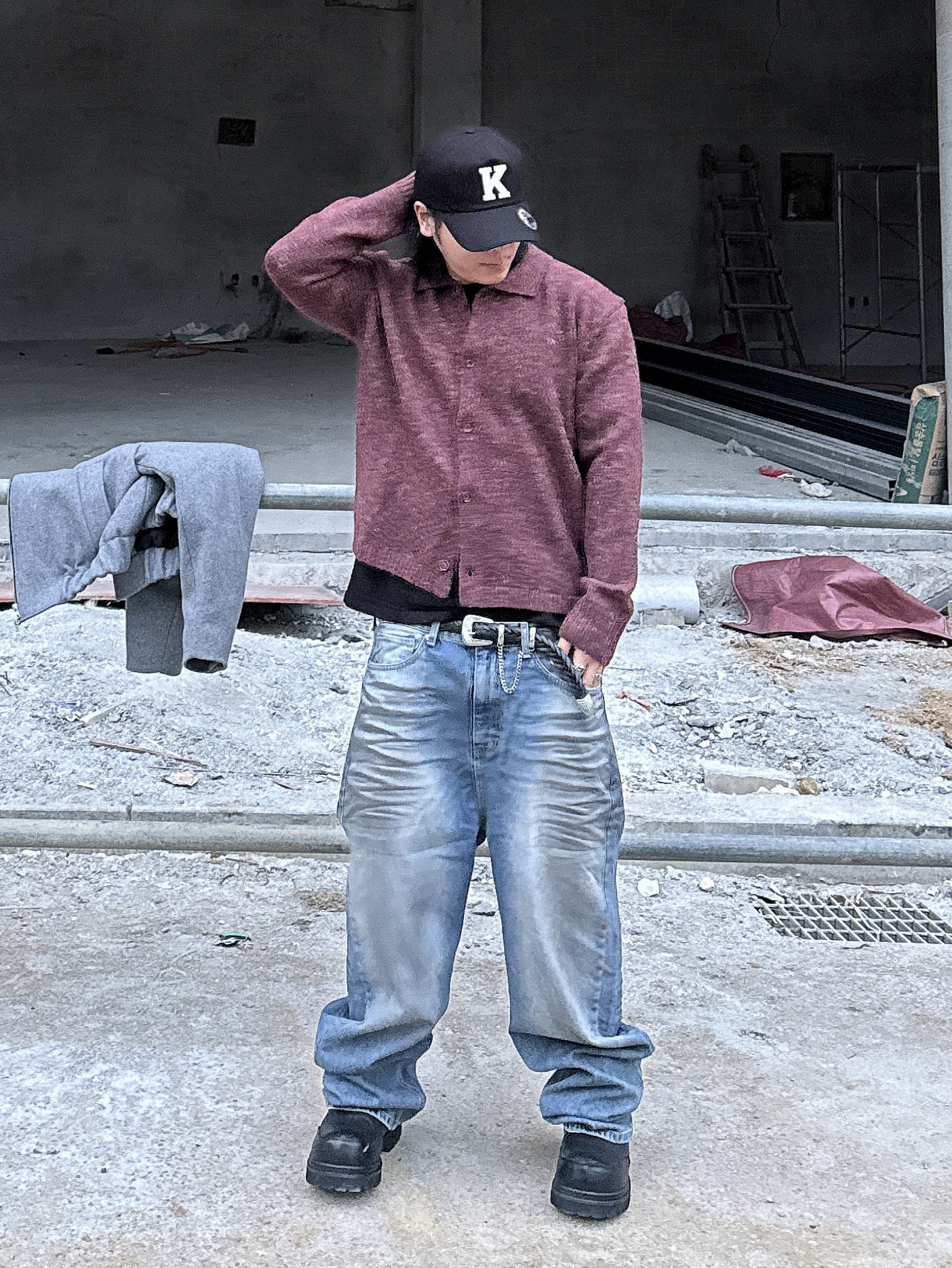 noun Nep Yarn Collar Cardigan Wine, noun Nep Yarn Collar Cardigan Charcoal 착용 스타일 - 8