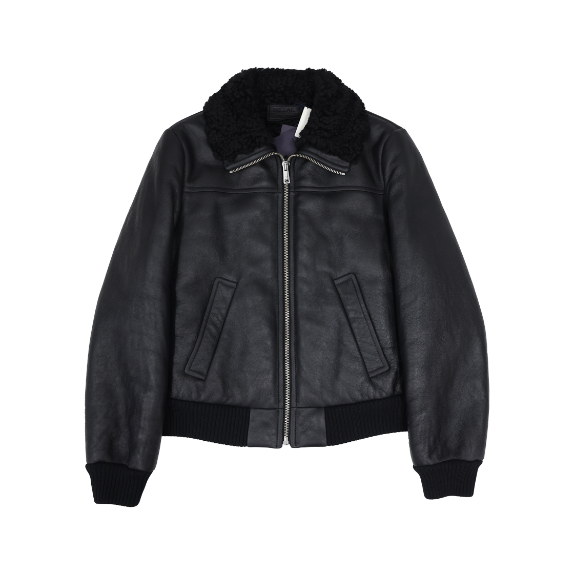 프라다 UPW433 시어링 트리밍 레더 봄버 무스탕 자켓 블랙(Prada UPW433 Shearling Trim Leather Bomber Jacket - Black)