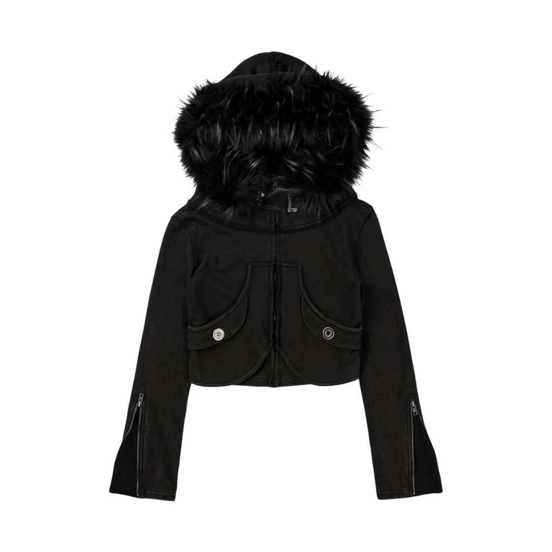 (W) 보니앤키예 디스트레스드 심 퍼 후드집업 (워싱 블랙)((W) bonienkiye Distressed Seam Fur Hood Zip-Up Washed Black)