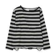 MILLO WOMEN One Shoulder Distressed T-Shirts Stripe Black