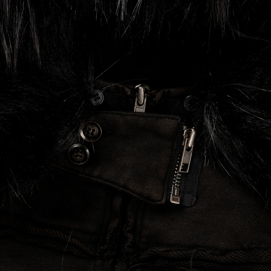 (M) 보니앤키예 디스트레스드 심 퍼 후드집업 워싱 블랙((M) bonienkiye Distressed Seam Fur Hood Zip-Up Washed Black) - 3
