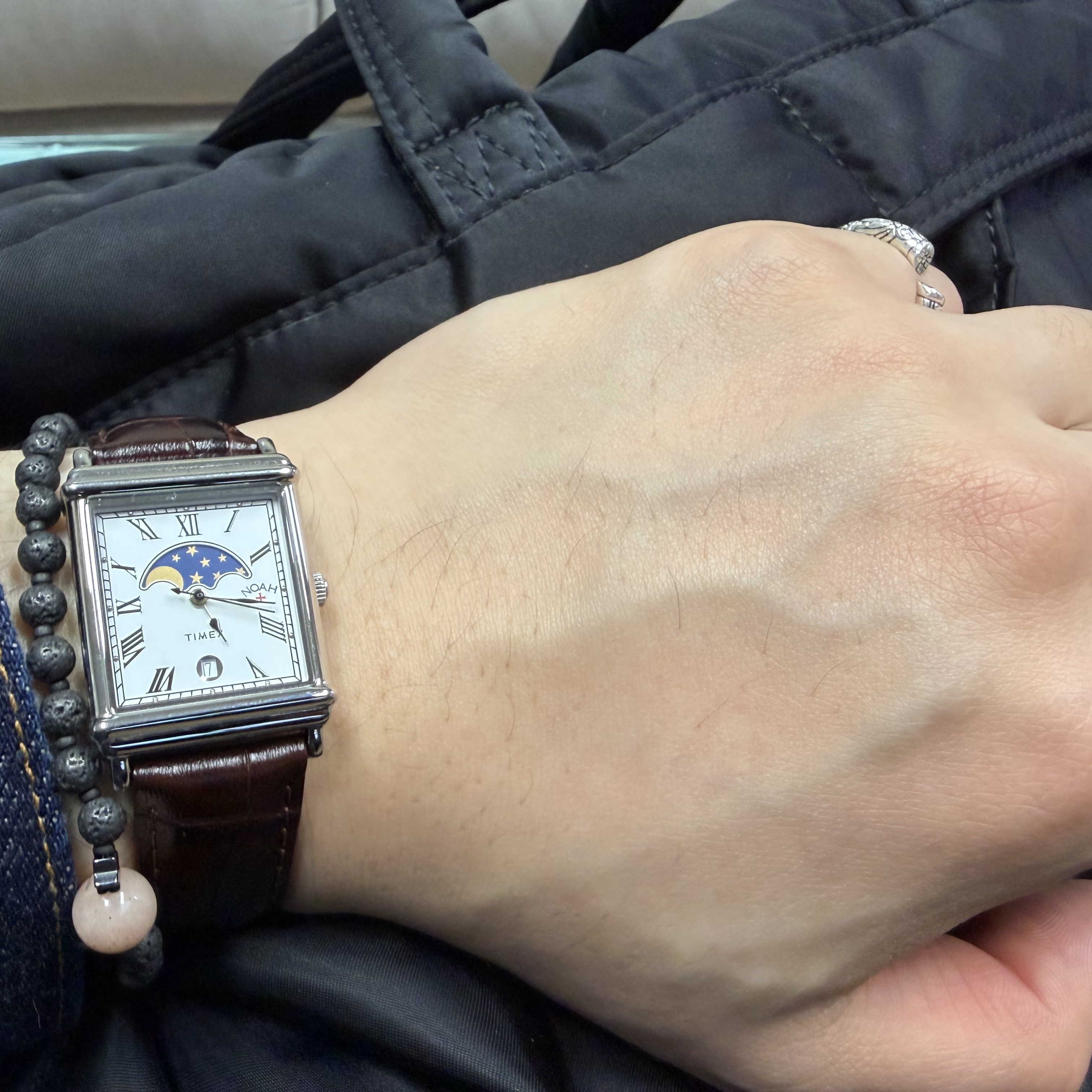 Timex x Noah Moon 37mm Phase Watch Brown Steel 착용 스타일