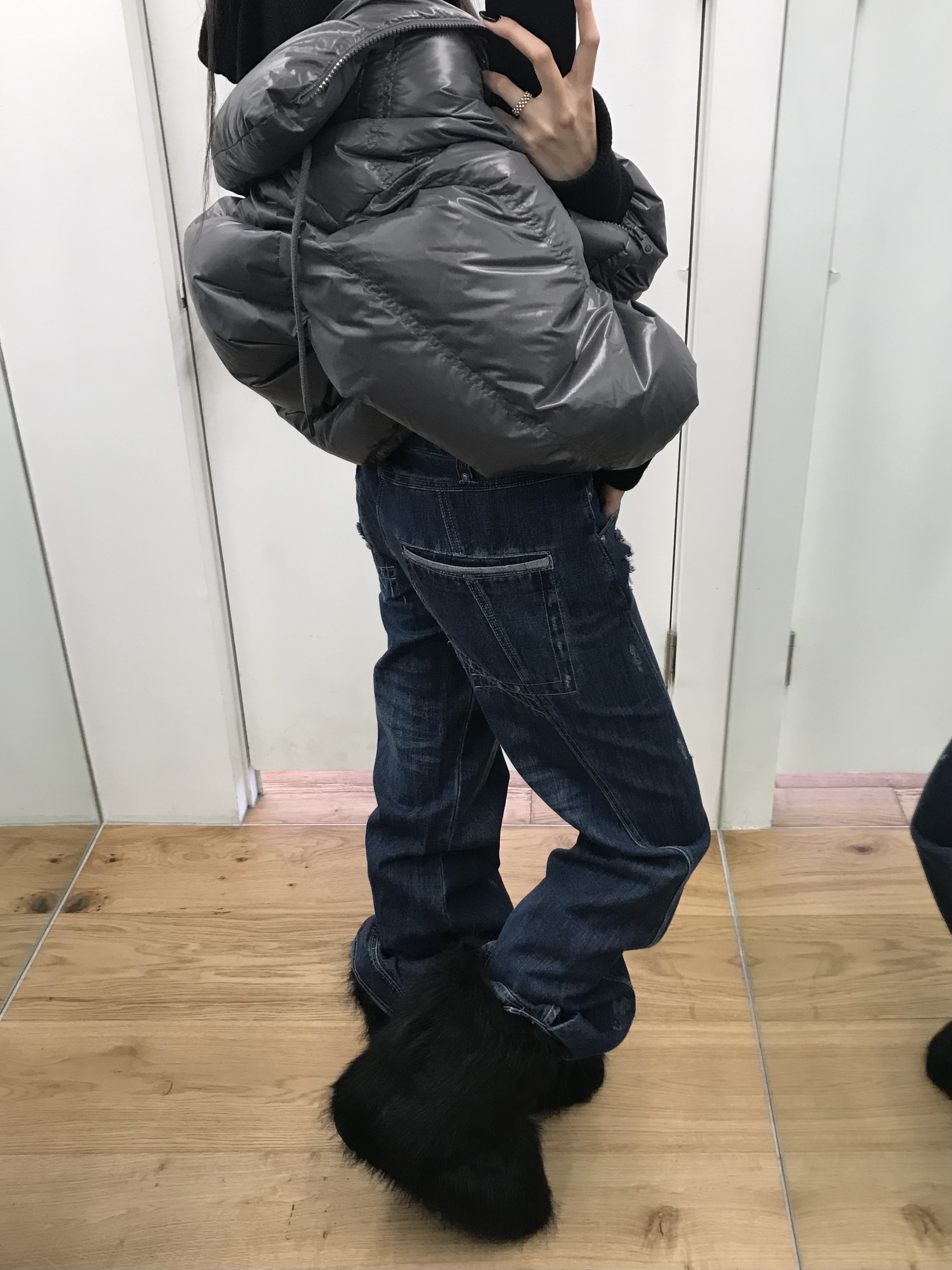 (W) Mischief Alien Down Jacket Khaki, Mischief Anatomie Jean Dark Blue 착용 스타일
