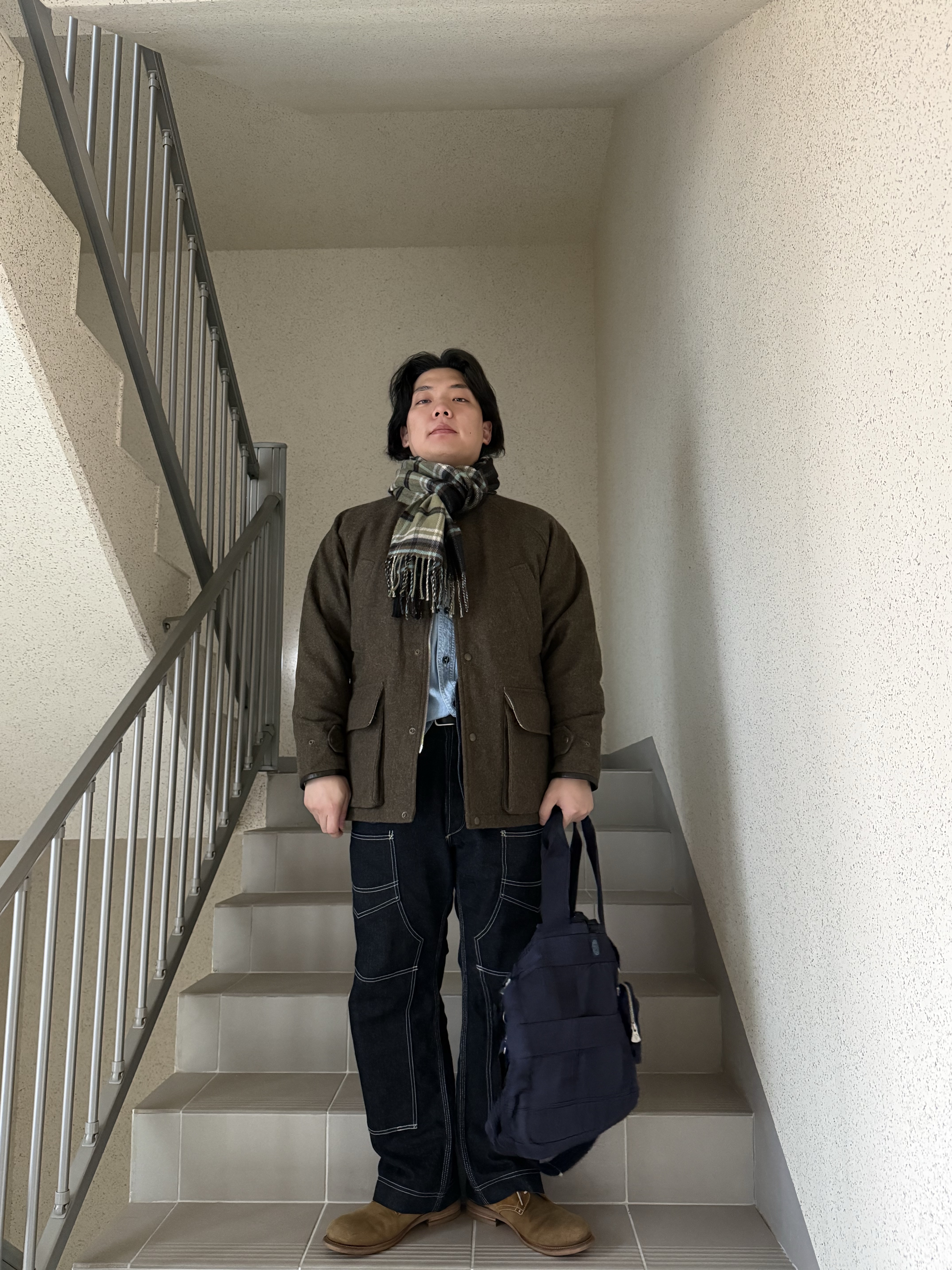 Kapital Chambray 2 Tone Bone Patch Ventilator Work Shirt Sax 착용 스타일 - 4