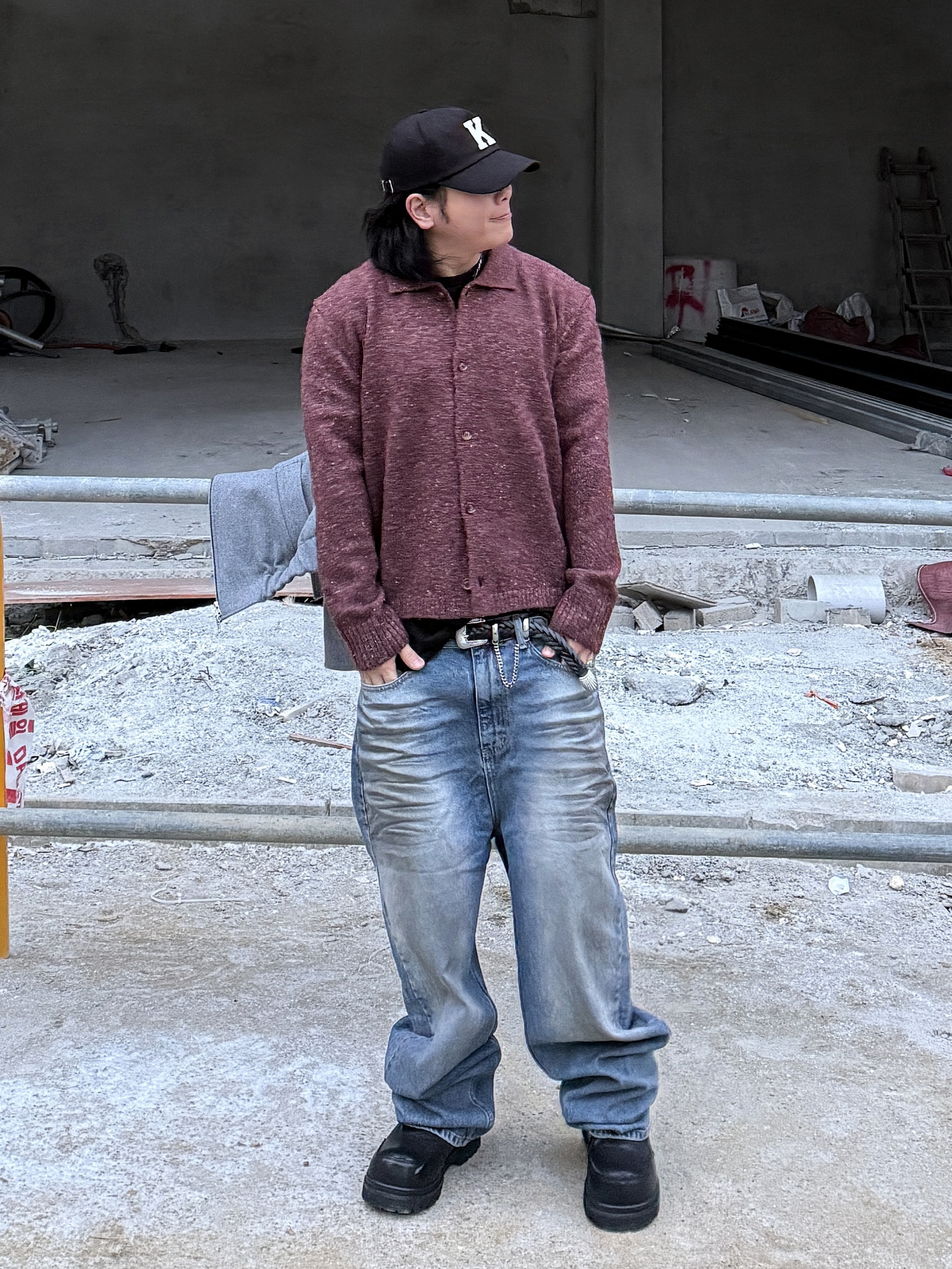 noun Nep Yarn Collar Cardigan Wine, noun Nep Yarn Collar Cardigan Charcoal 착용 스타일 - 1
