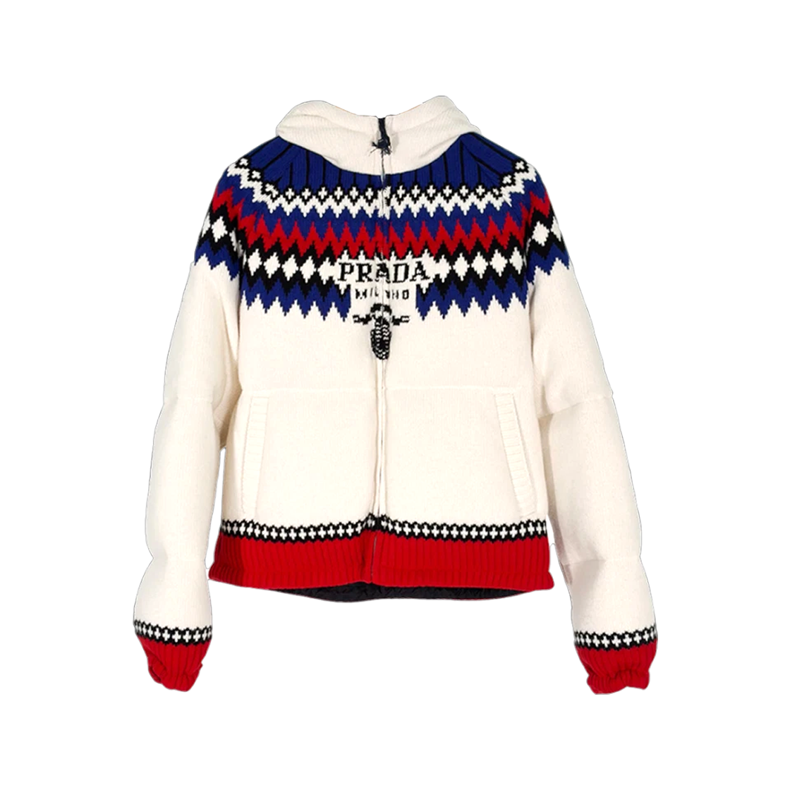 ITHGVROLN3FJ Prada Embroidered Logo Wool Cashmere Knit Down Hooded Jacket - White
