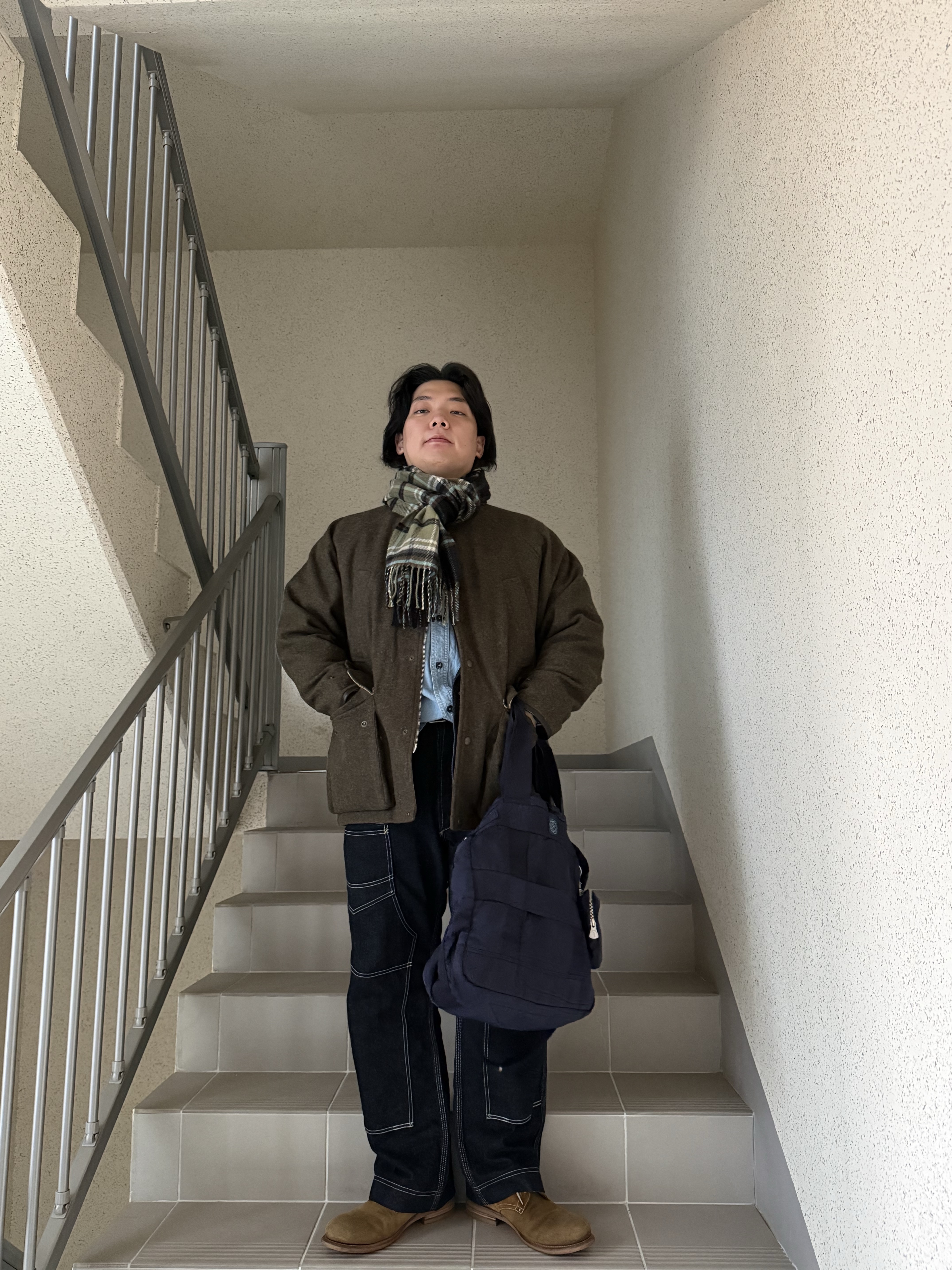 Kapital Chambray 2 Tone Bone Patch Ventilator Work Shirt Sax 착용 스타일 - 5