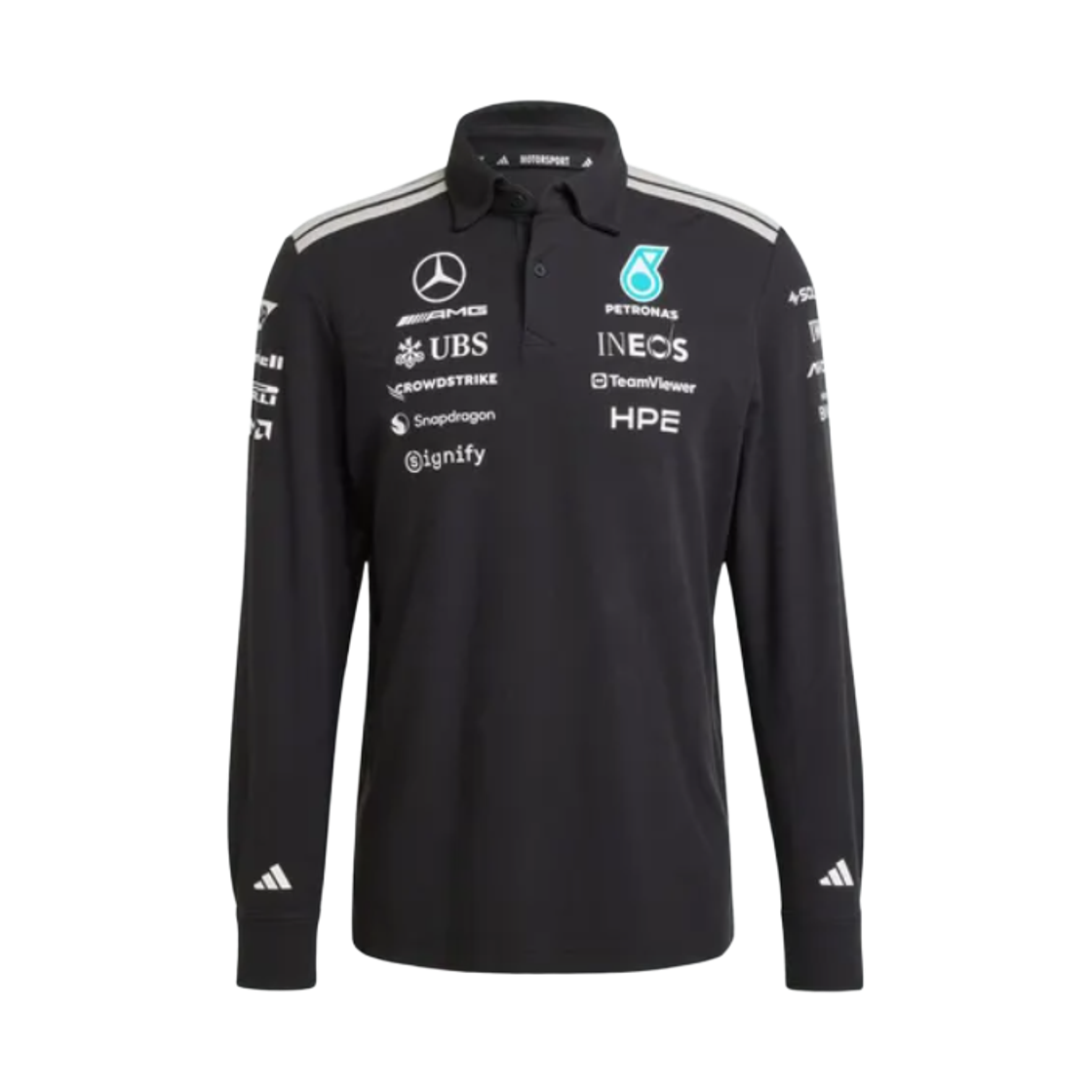 아디다스 x 메르세데스 AMG 페트로나스 F1 팀 엔지니어 롱슬리브 폴로 블랙 - US 사이즈 (논 마킹 버전)(Adidas x Mercedes AMG Petronas F1 Team Engineer Long Sleeve Polo Black - US Sizing (Non Marking Ver.))