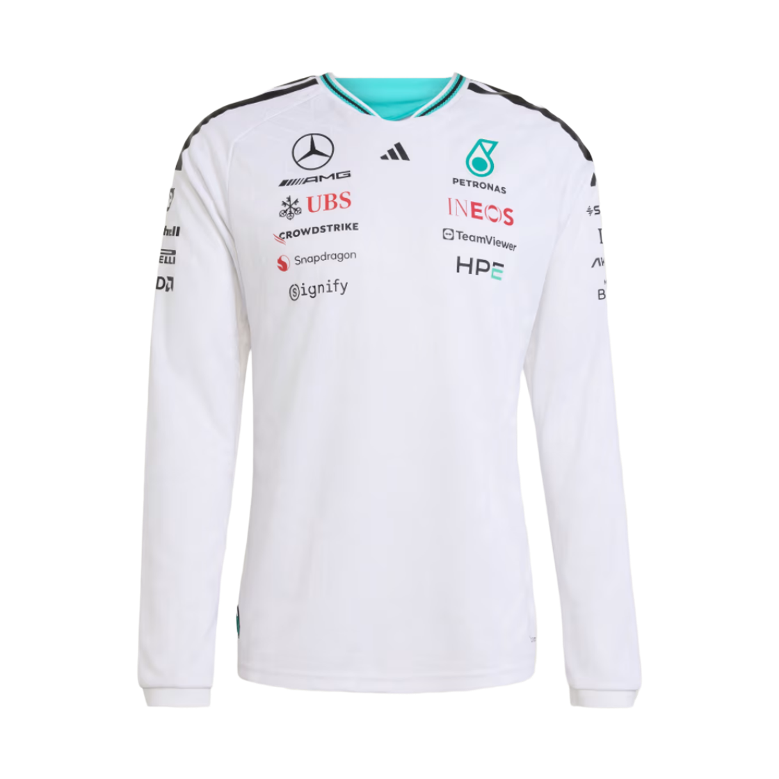 아디다스 x 메르세데스 AMG 페트로나스 F1 팀 드라이버 저지 어센틱 롱슬리브 화이트 - US 사이즈 (논 마킹 버전)(Adidas x Mercedes AMG Petronas F1 Team Driver Jersey Authentic Long Sleeve White - US Sizing (Non Marking Ver.))